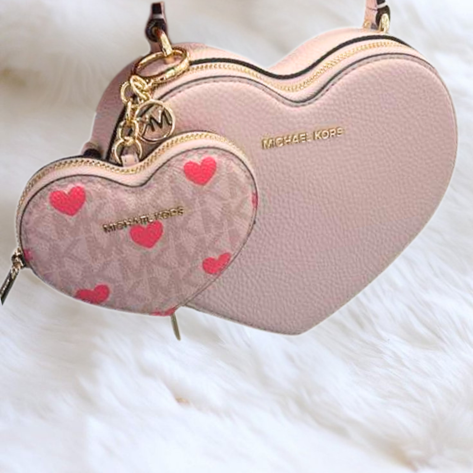 Michael Kors MK Women Small Heart Crossbody Purse Bag + Coin Purse Keychain Fob