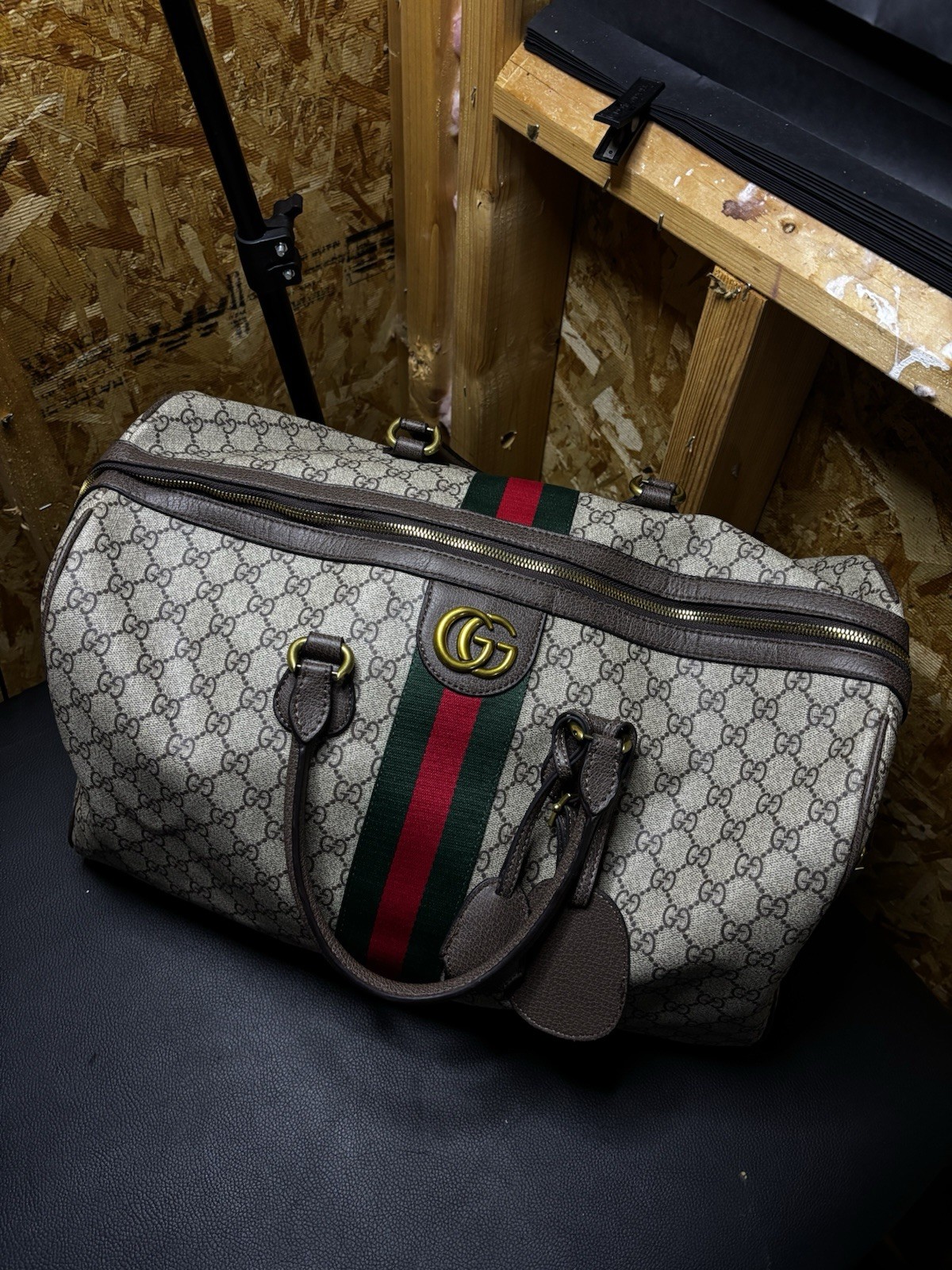 Gucci GG Monogram Web Stripe Satchel Top Handle Double Handles Zip Gold