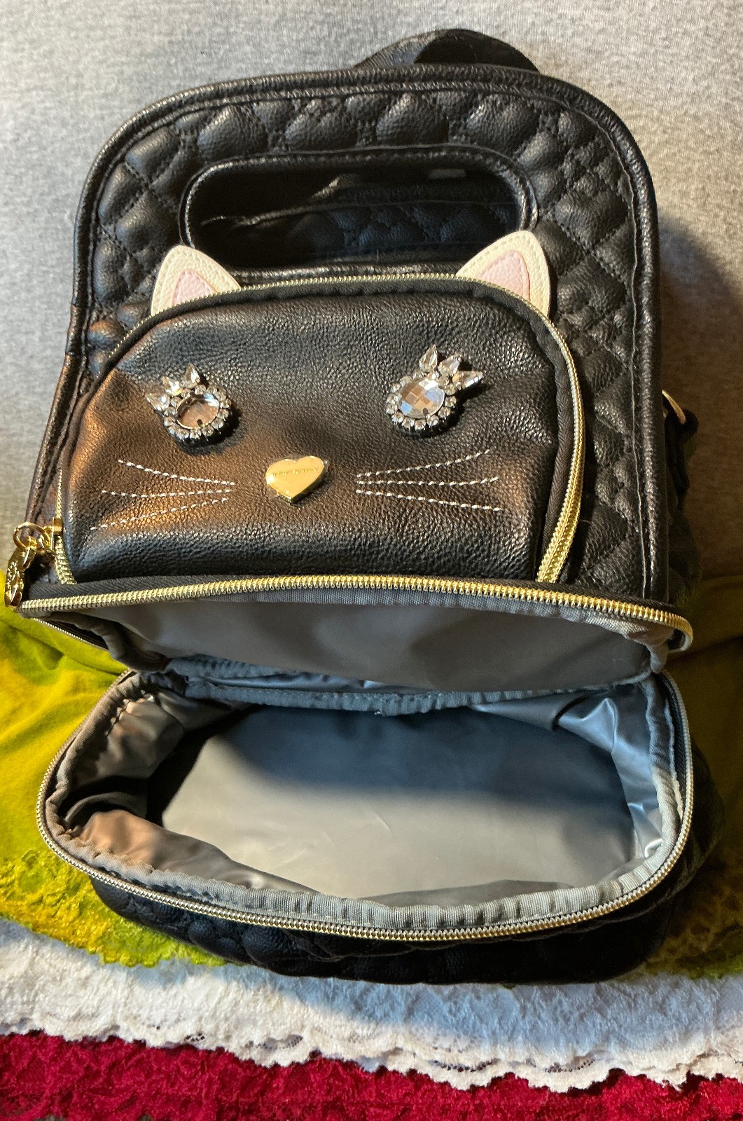Bestey Johnson Black Cat Quilted Faux Leather Zip Shoulder Bag Lunch Box