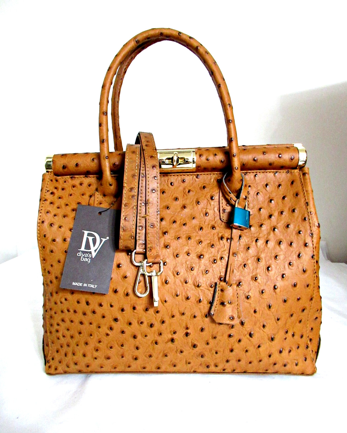 ITALIAN LOCK & KEY OSTRICH-EMBOSSED LEATHER BAG HANDBAG SATCHEL – MADE IN ITALY
