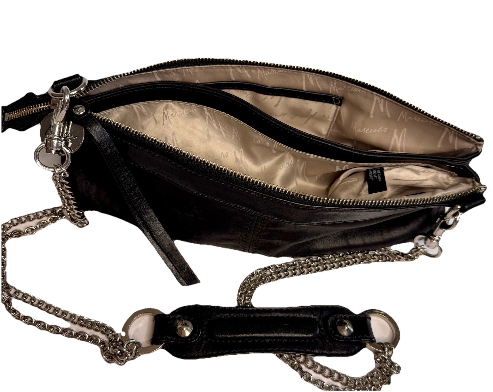 Marciano Black Genuine Leather Clutch Bag/Purse Double Chain Goth Biker Vixen