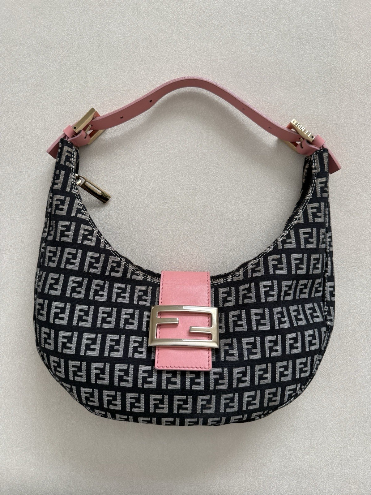 Fendi Zucca Half Moon Hobo Bag With Pink Leather Trim