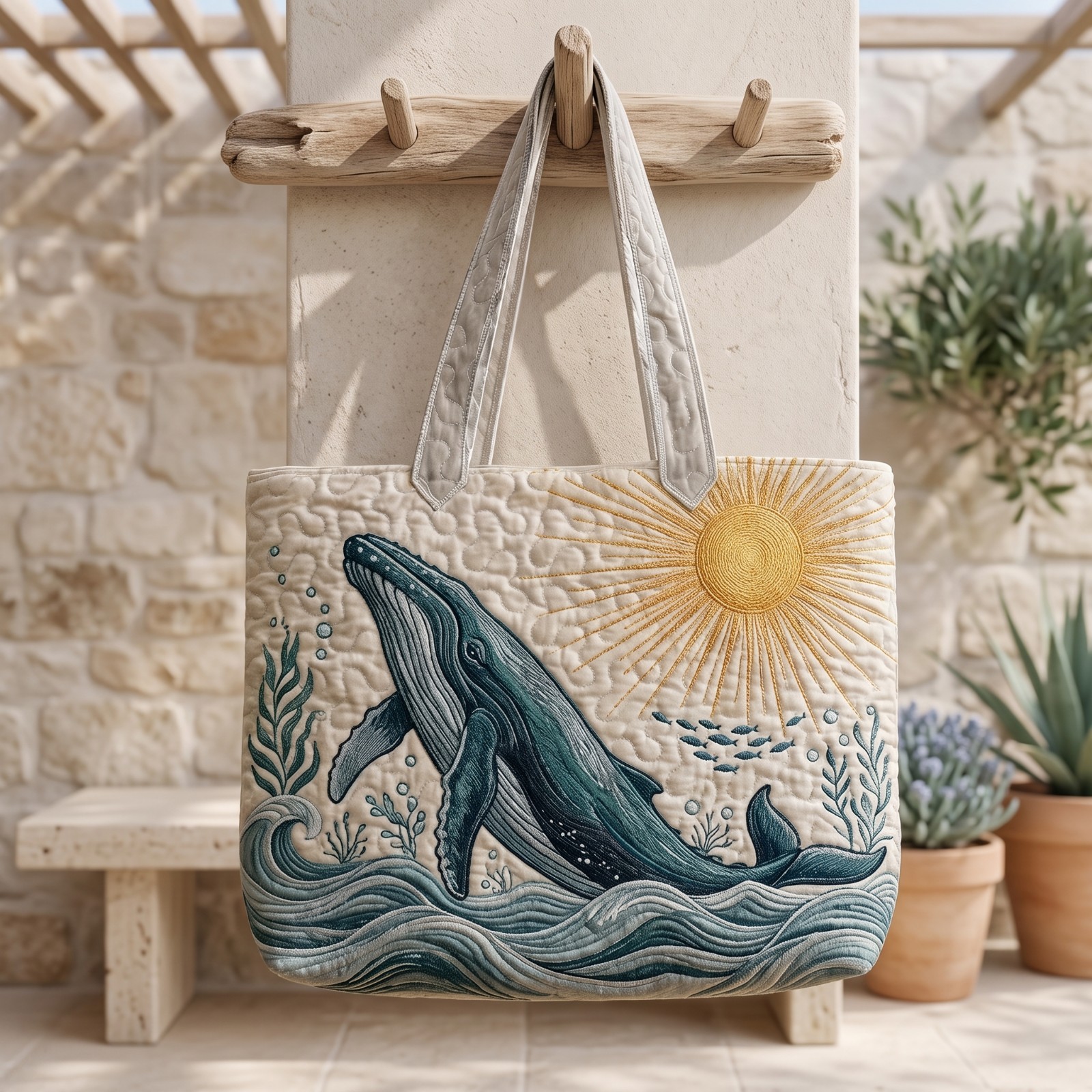 Whale and Sky Quilted Tote Bag, Ocean Theme Embroidered Carryall, Nature Gift