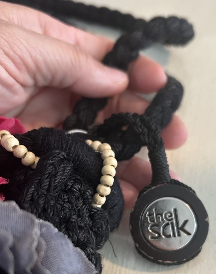 The SAK Black Crochet Purse W/ Removeable Flower Pins Wood Beads Double Handles