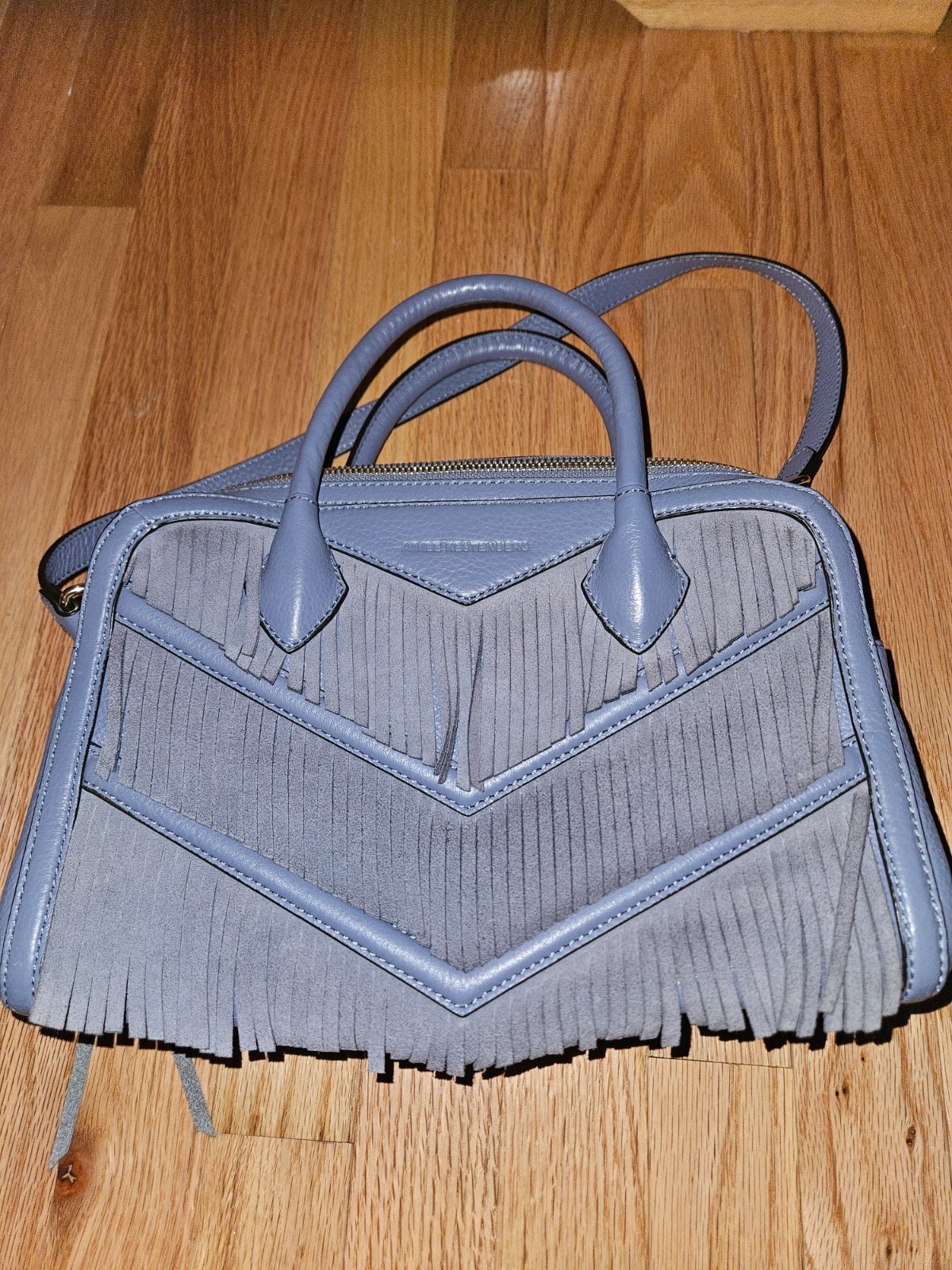 AIMEE KESTENBERG gray/blue leather FRINGE purse