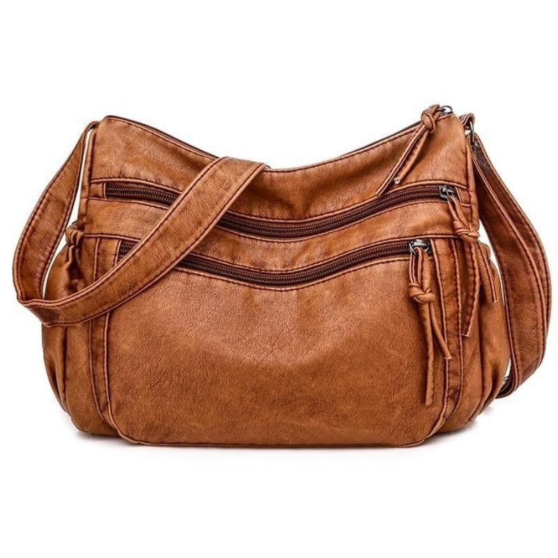 Women Washed PU Leather Shoulder Bag Retro Crossbody Large Capacity Tote New Bag