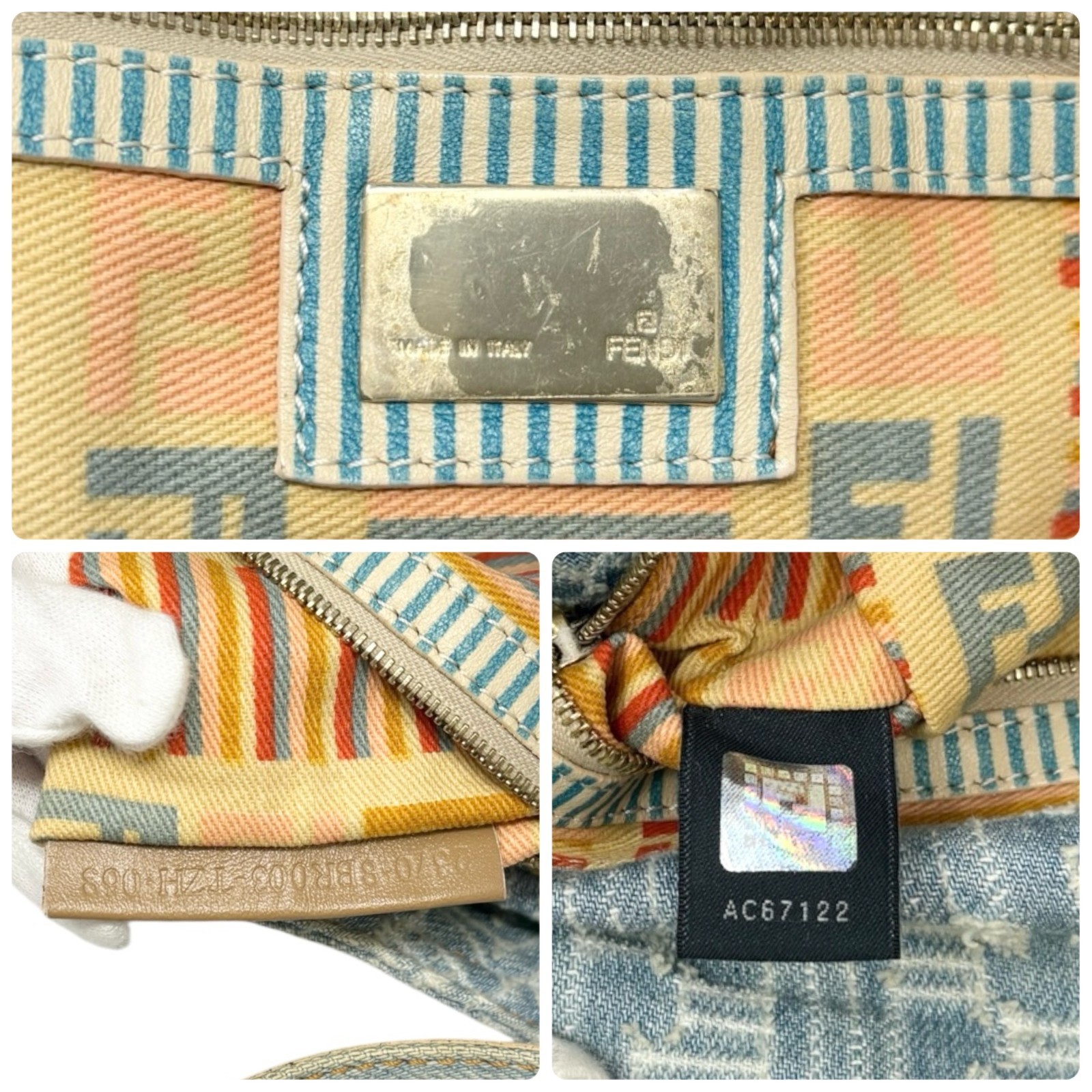 FENDI Vintage FF Zucca Monogram Denim Mamma Baguette Shoulder Bag Blue Gold
