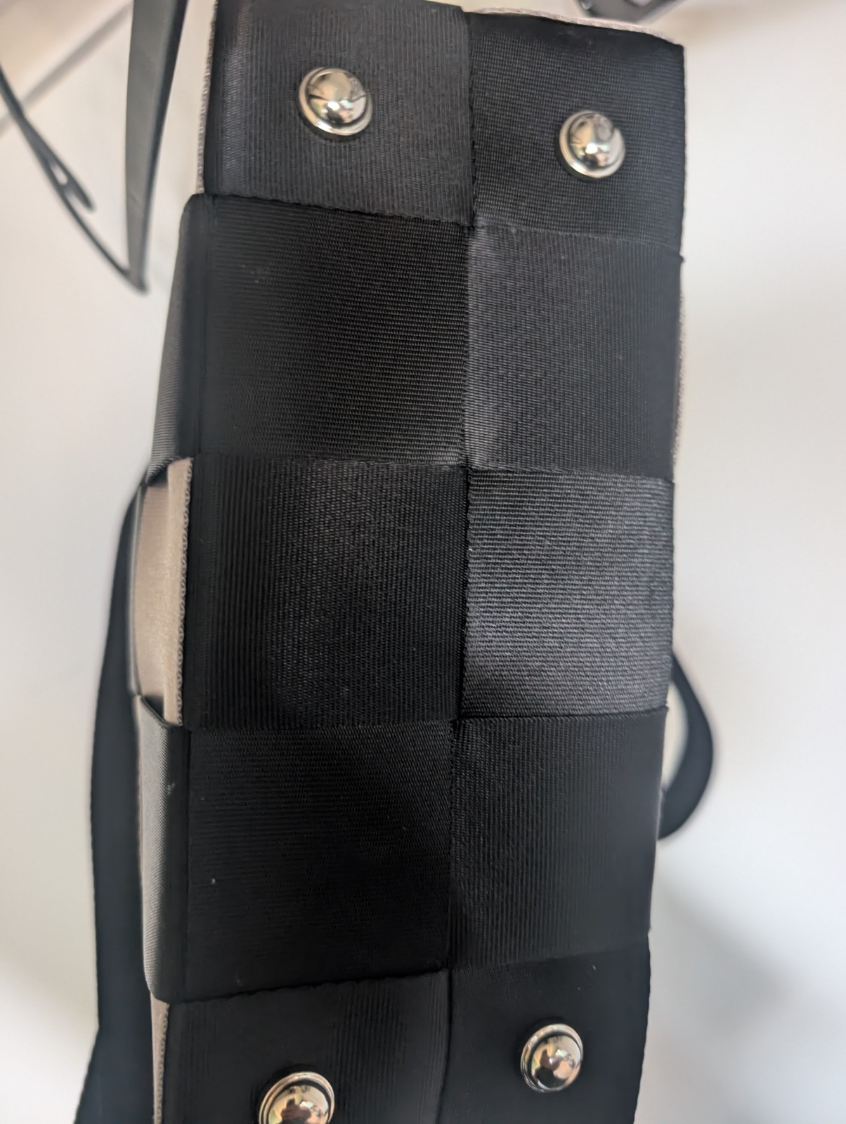 Black & Silver Checkered Tote Bag, Double Handles, Rectangle Shape, Bottom Studs