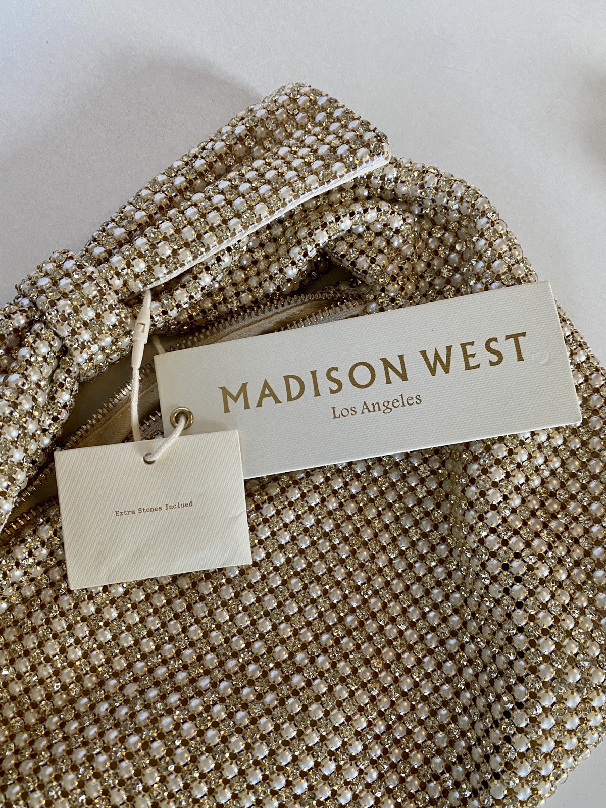 Madison West Aurora Borealis Gold Crystal Pearl Bow Handle Evening Hand Bag NEW