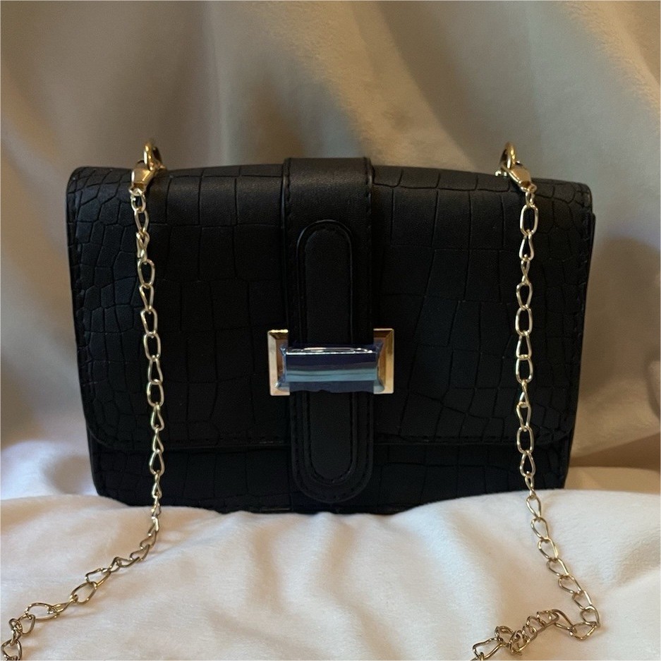 Small Black Croc Effect Shoulder Bag Clasp, Gold Chain Strap, Lined