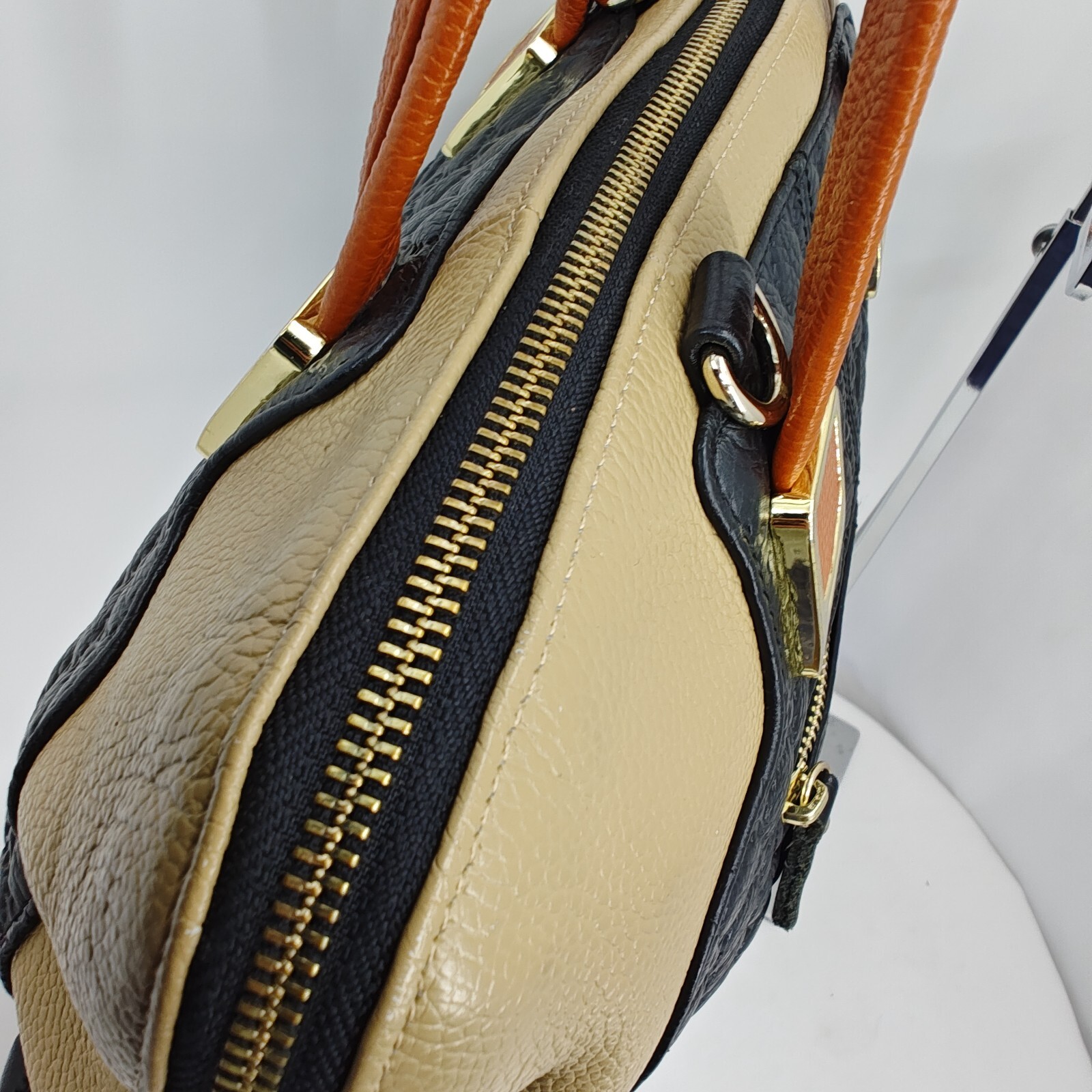 ZOOLER Leather Tri Color Block Handbag Satchel Emboxxed Brown Beige Black
