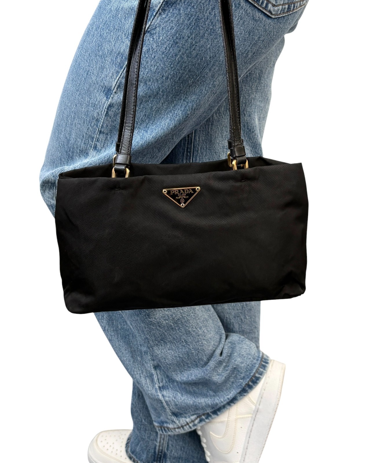 PRADA Vintage Triangle Logo Tessuto Tote Shoulder Bag Black Gold Nylon 902298