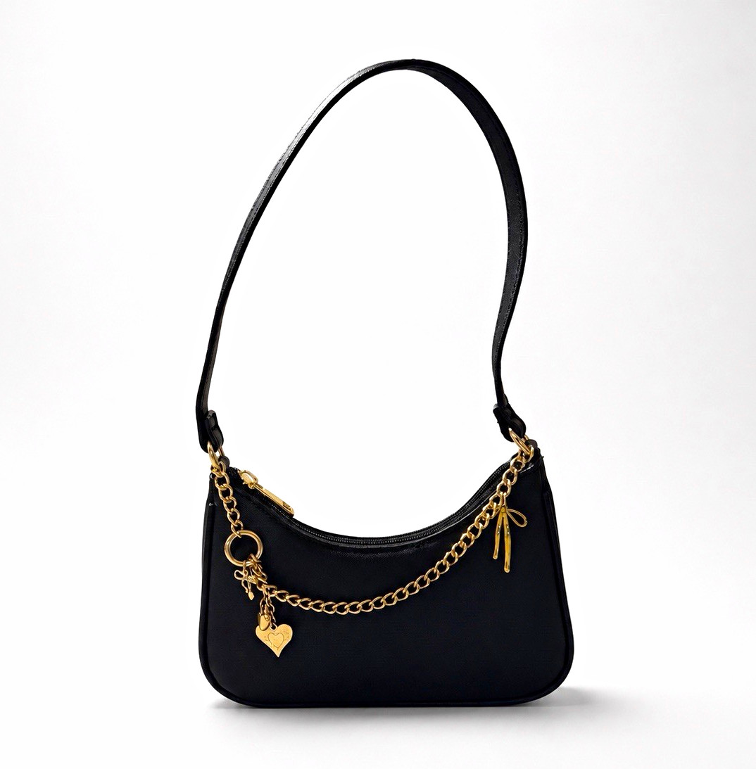 Women’s Small Black Crescent Shoulder Bag Zip Gold Hardware Chain Heart Charm