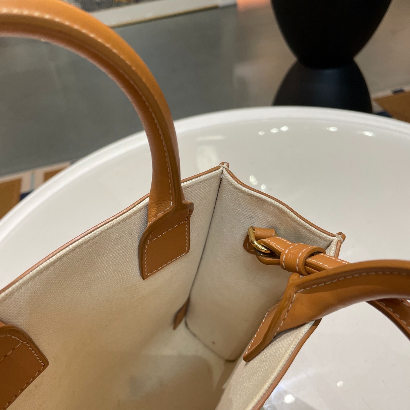 Preloved Celine Mini Vertical Tote Off White Canvas Tan Leather Crossbody bag