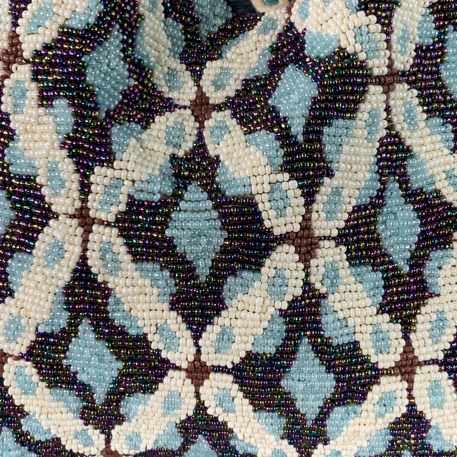 MURIEL BRANDOLINI Blue Brown White Beaded Hand Embroidered Cotton Handbag