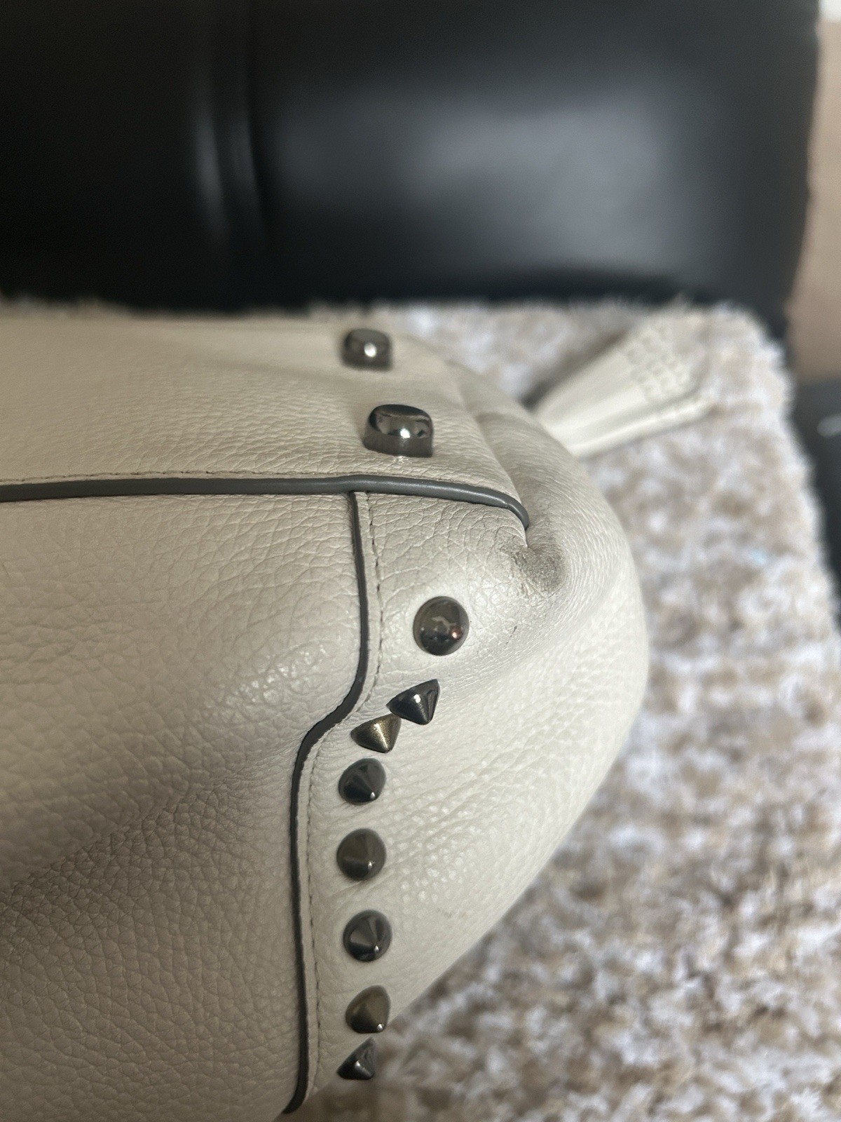 Coach Beige Pebbled Studded Shoulder Bag, Zip Closure, Inner Pockets, Charm