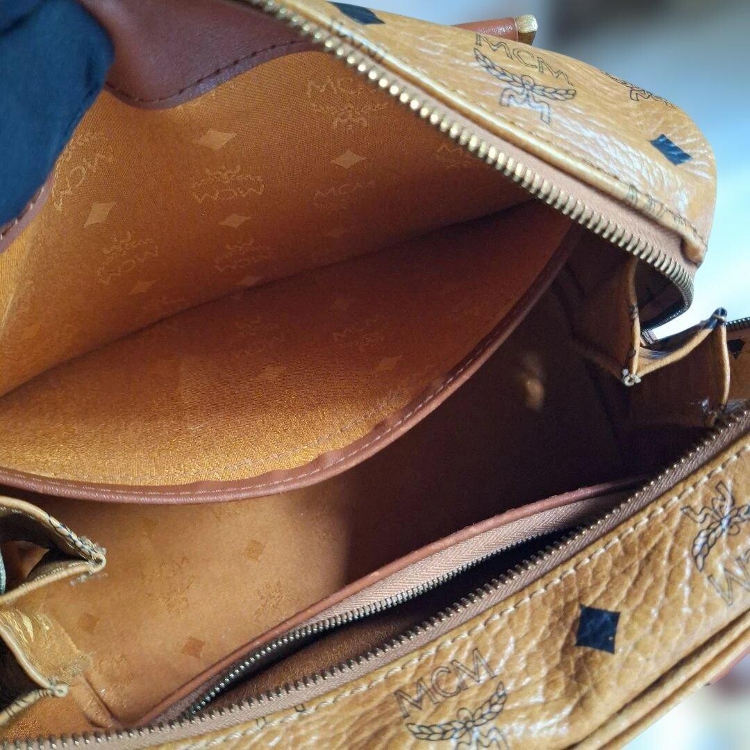 MCM Visetos Mini Boston Bag Brown Monogram Logo Plate Handbag Women Vintage