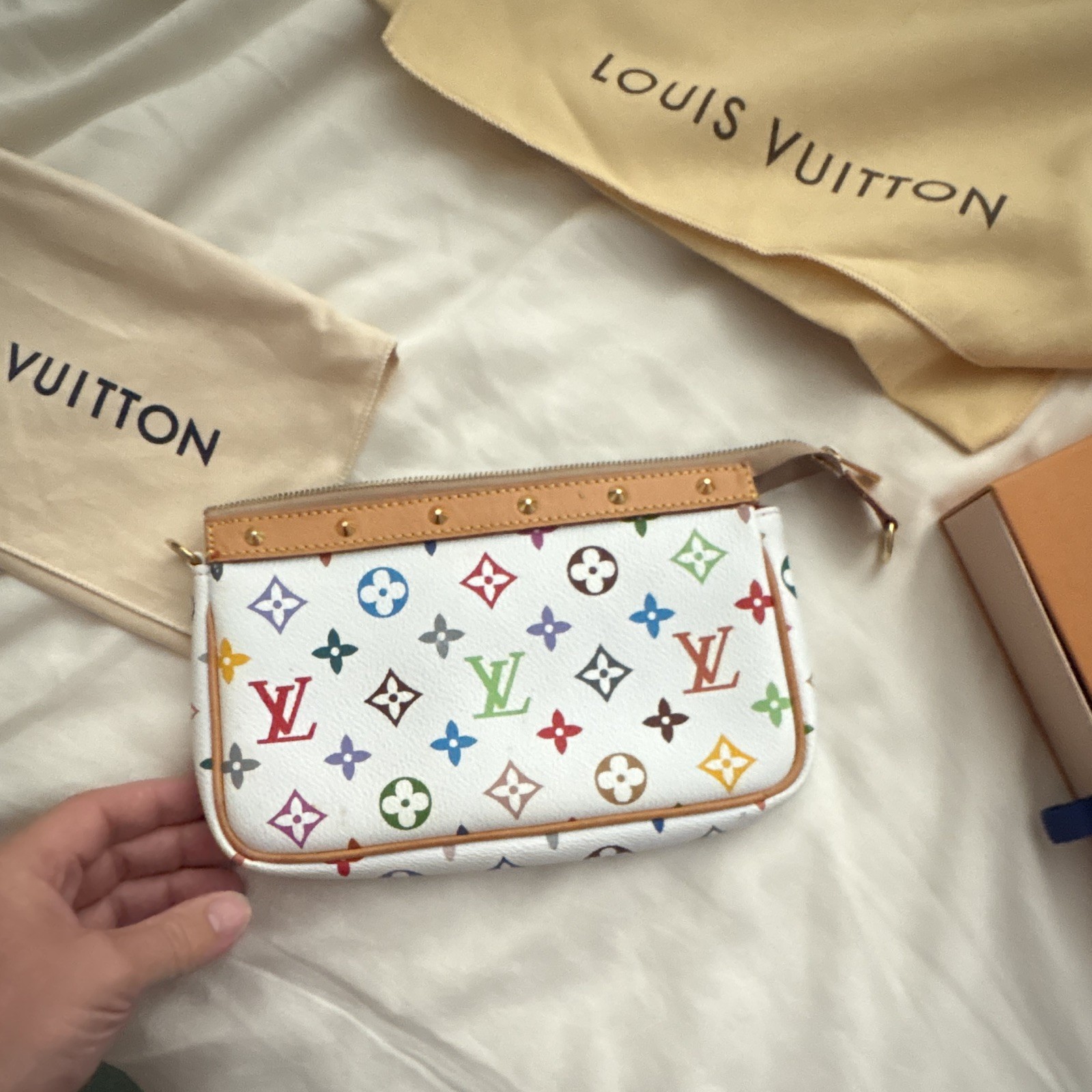 Louis Vuitton White Multicolor Monogram Zip Wrist Strap Clutch, Box & Dust Bag