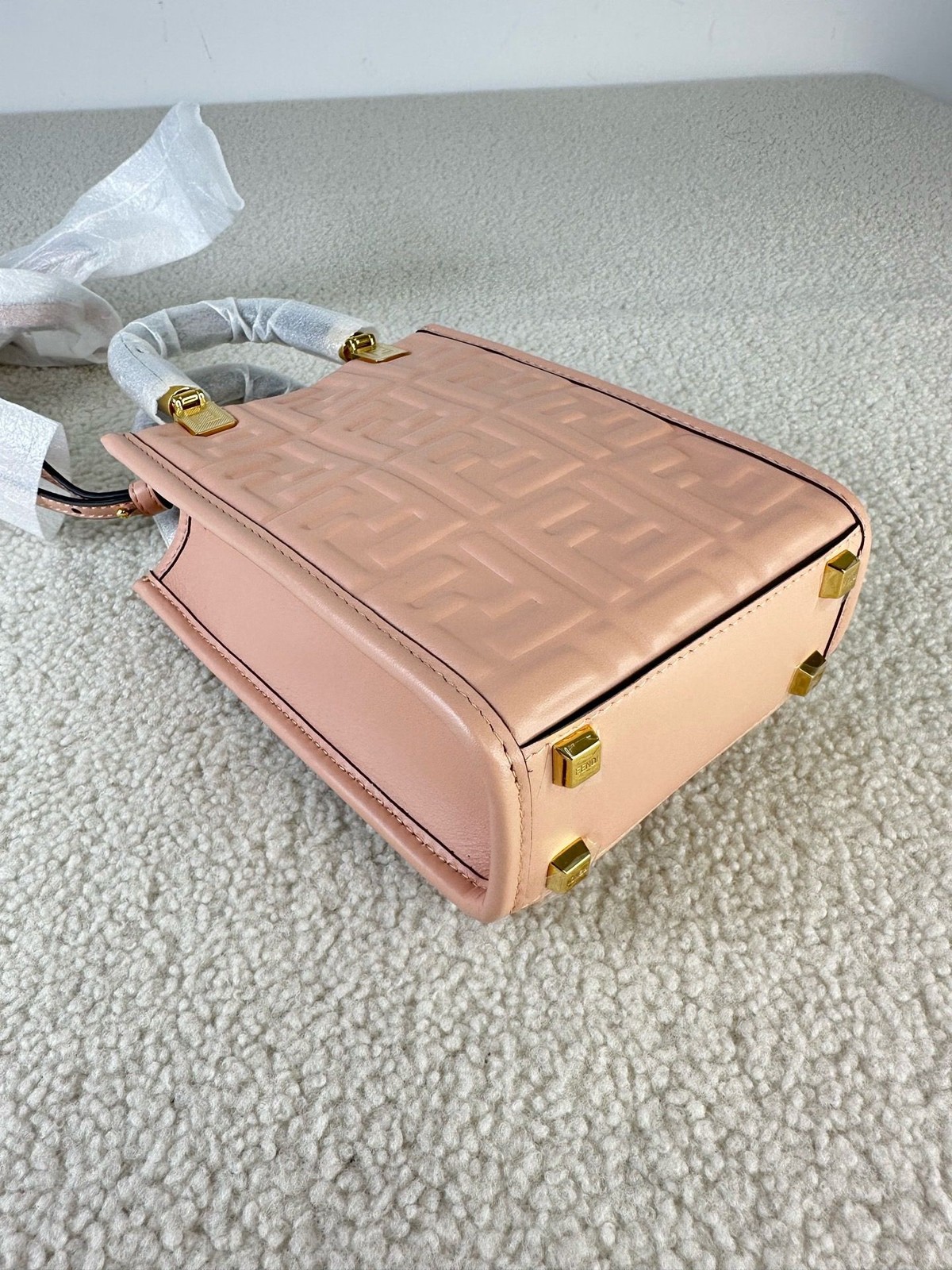 AUTH Fendi Sunshine Mini Pink FF Logo Leather Tortoise Handle Crossbody Tote Bag