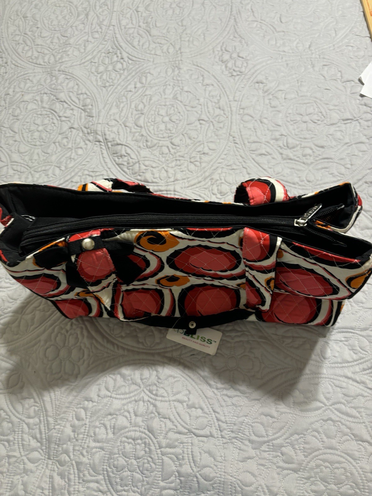Bliss Quilted Geometric Tote Bag Red Orange Black White Bow Zipper Changing Pad