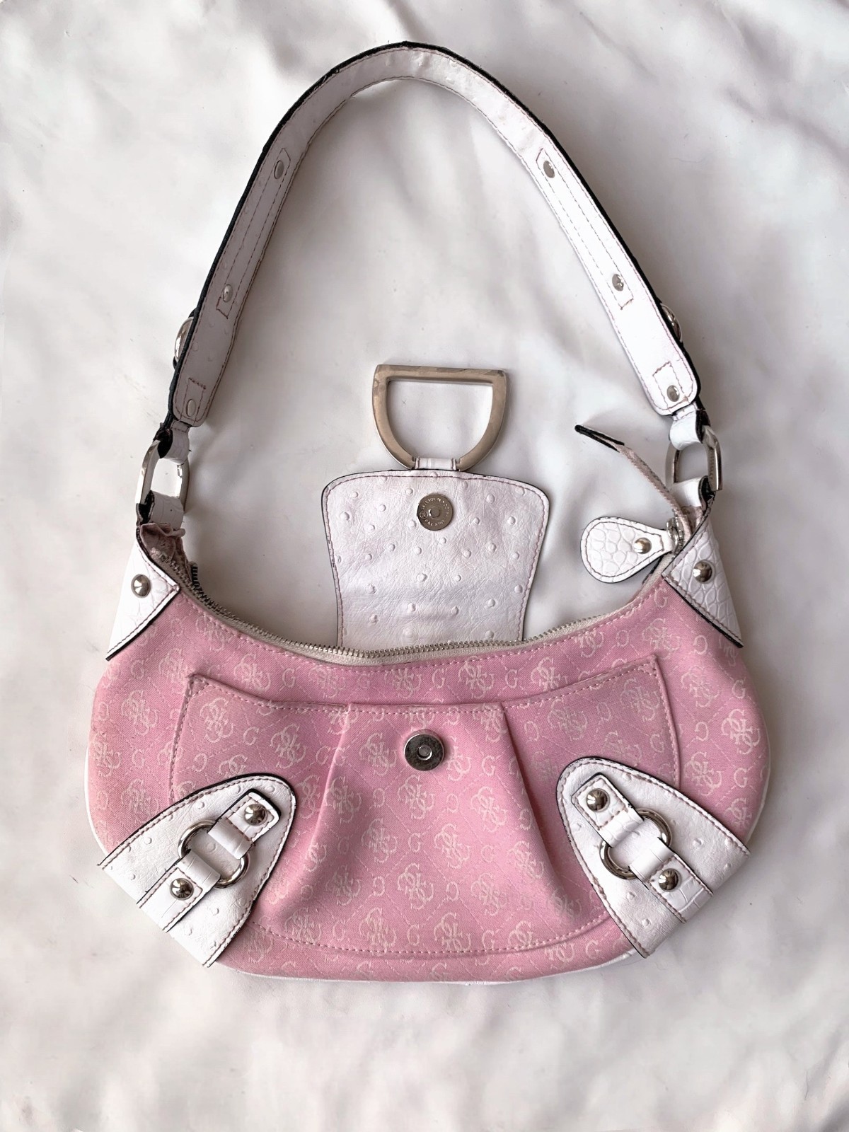 Vintage Guess Y2K Shoulder Bag Pink Monogram Leather 2000 Edgy RARE 90s