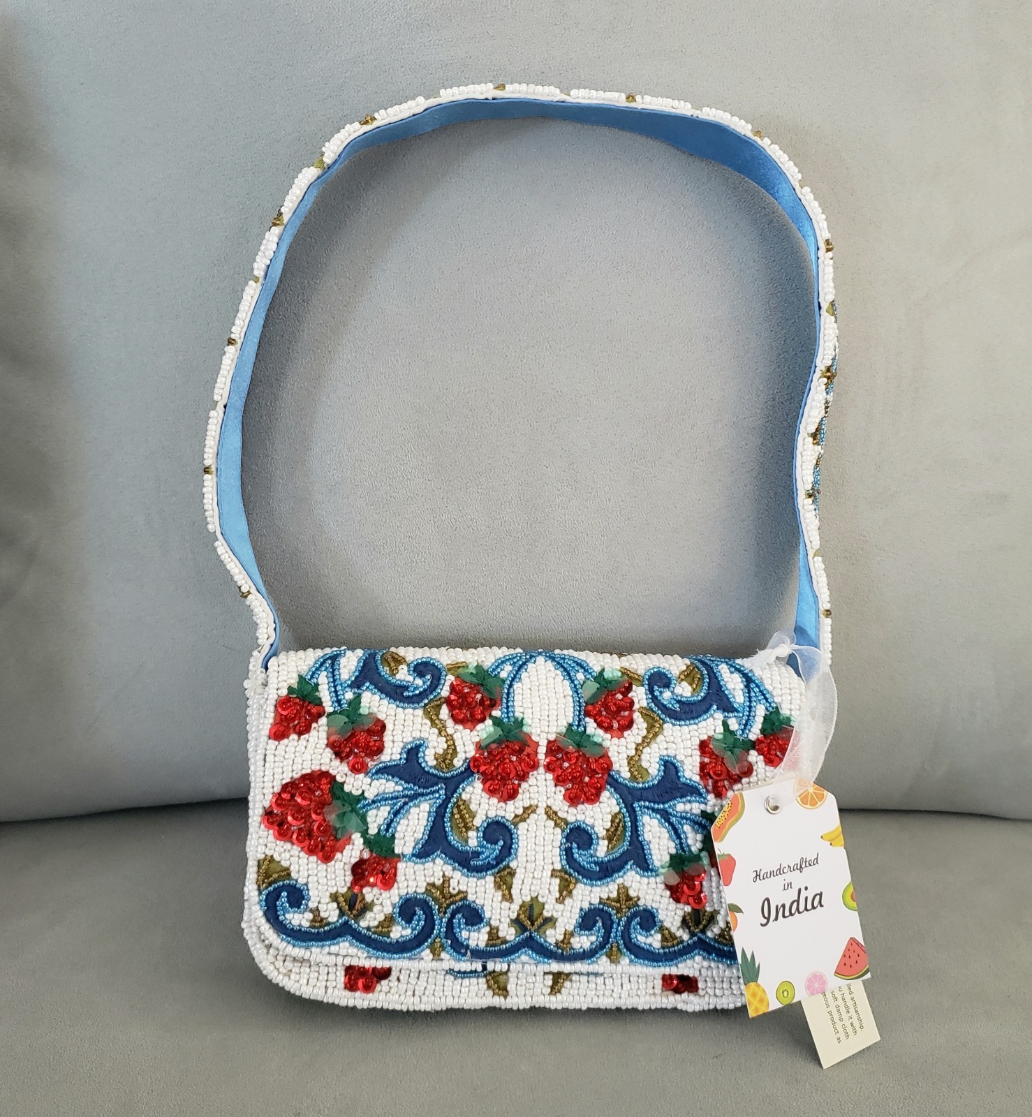 Handcrafted in India Raspberry Vine Beaded Sequin Shoulder Bag White Blue Red