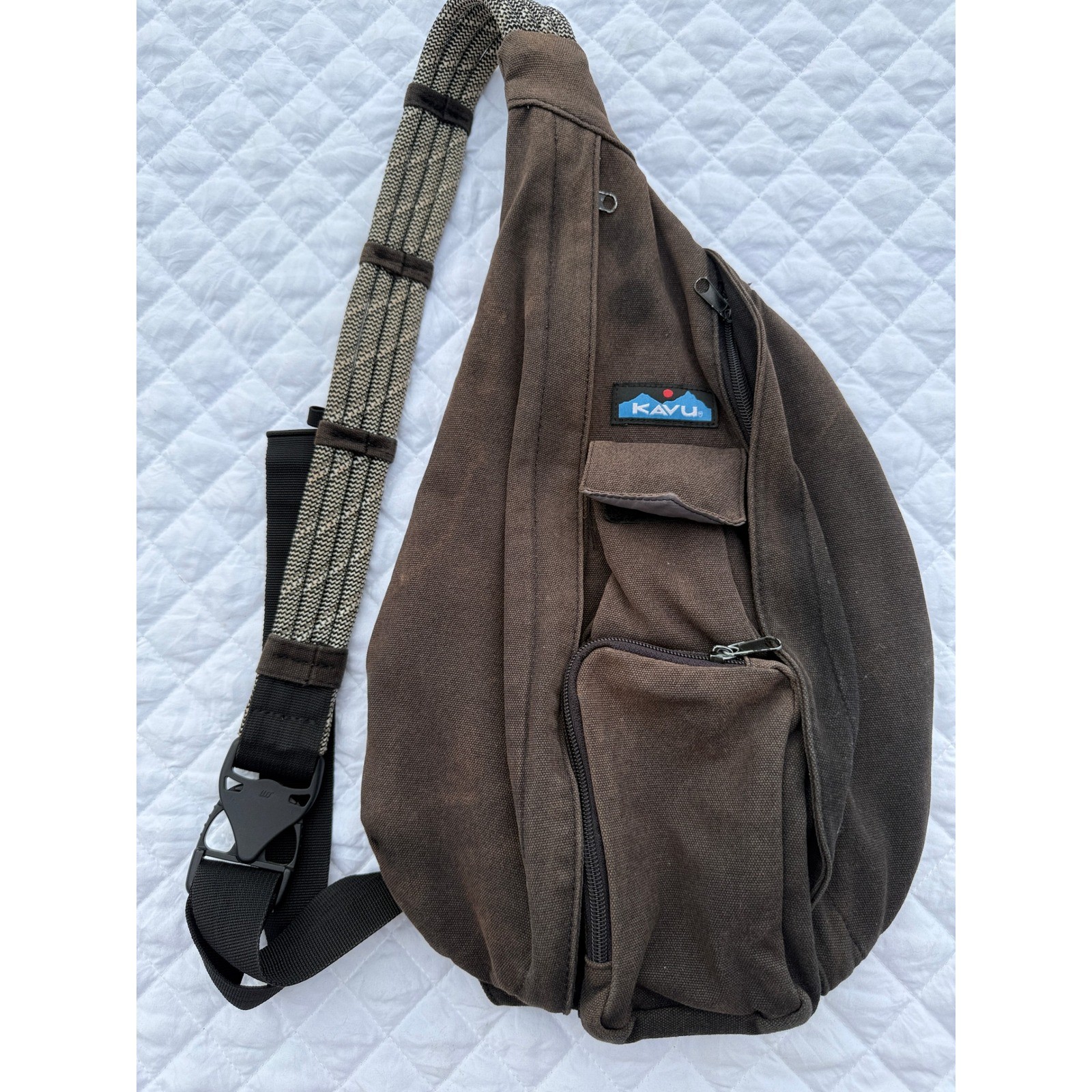 KAVU Rope Bag Cotton Canvas Sling Backpack Brown Adjustable Strap Outdoor Travel