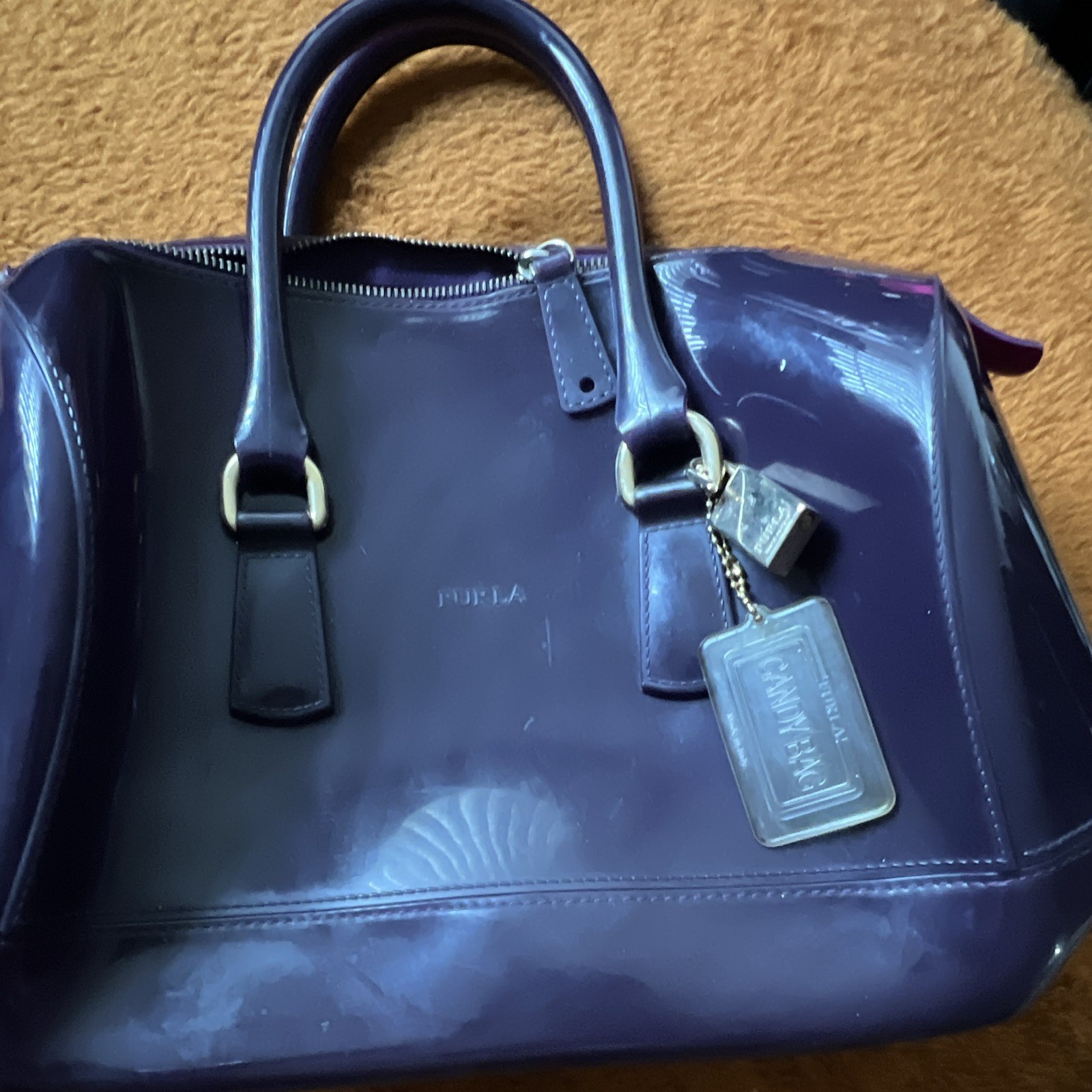 Furla Purple Glossy Satchel Top Handle Bag Zip Closure Charm Lock