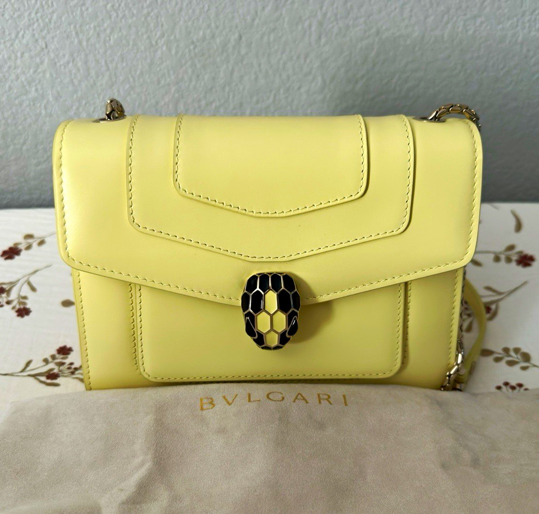 BVLGARI Yellow Small Crossbody Bag Snake Head Magnetic Clasp Chain Dust Bag