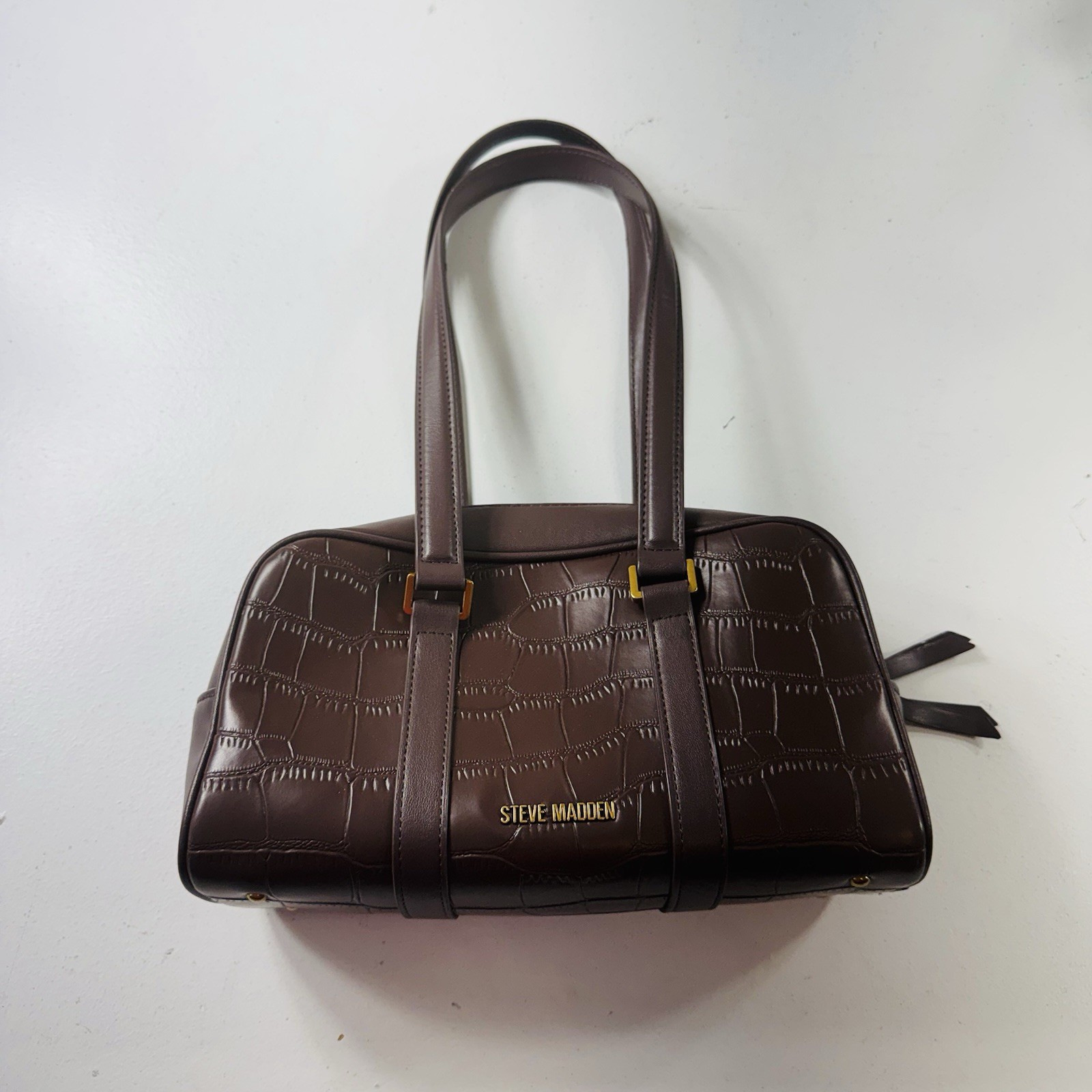 Steve Madden Women’s Brown Satchel Bag with Embossed Logo Faux Leather