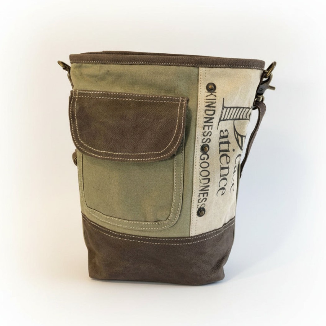 Upcycled Canvas and Leather Crossbody Bag – Peace & Patience – Eco-Conscious