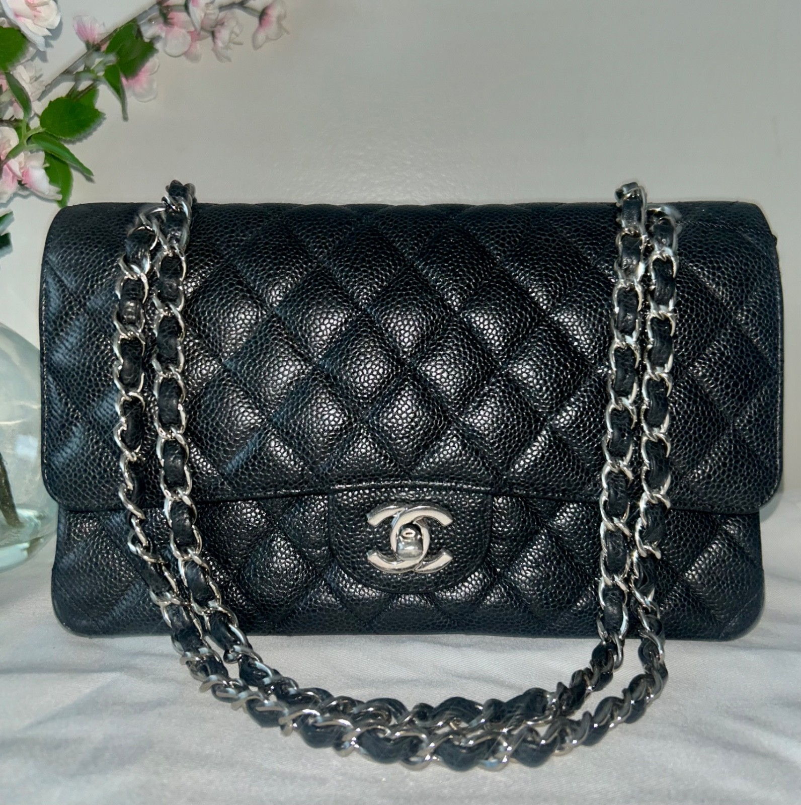 CHANEL Medium Classic Double Flap Caviar Leather Quilted Handbag Black