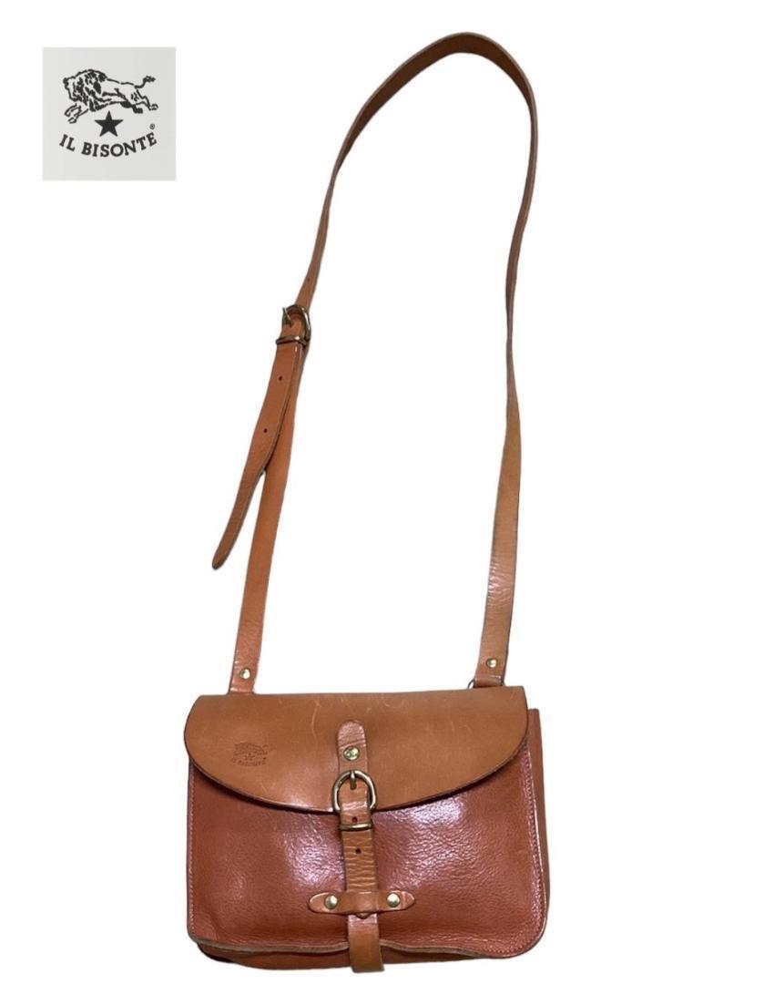 IL BISONTE shoulder bag logo embossed gold button grained leather