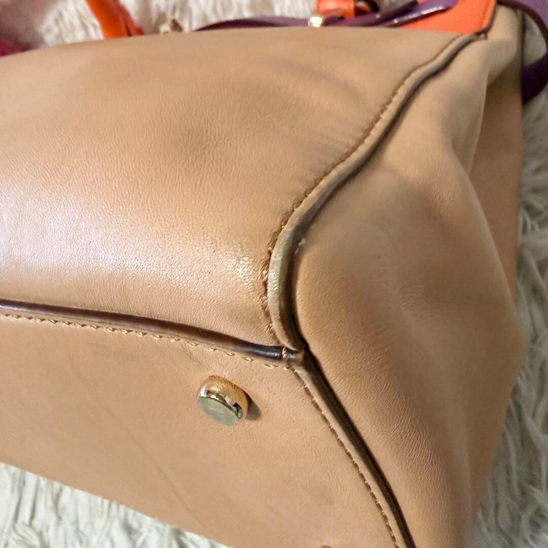 Kate Spade New York Beige Orange Leather Tote Bag Gold Turn Lock A4 Work 34cm