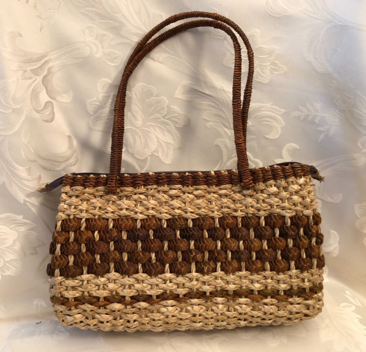 Straw Handbag, Open Weave, Small-Medium Size, Double Handles, Two-Tone