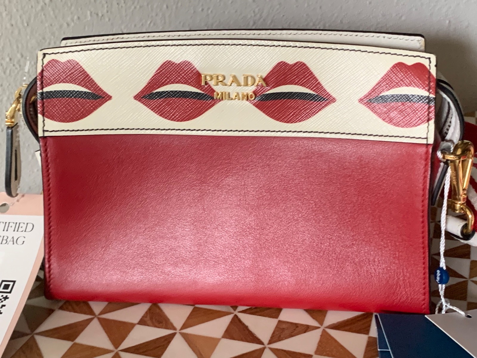 Prada City Calf Saffiano Esplanade Lip Print Crossbody Bag Red