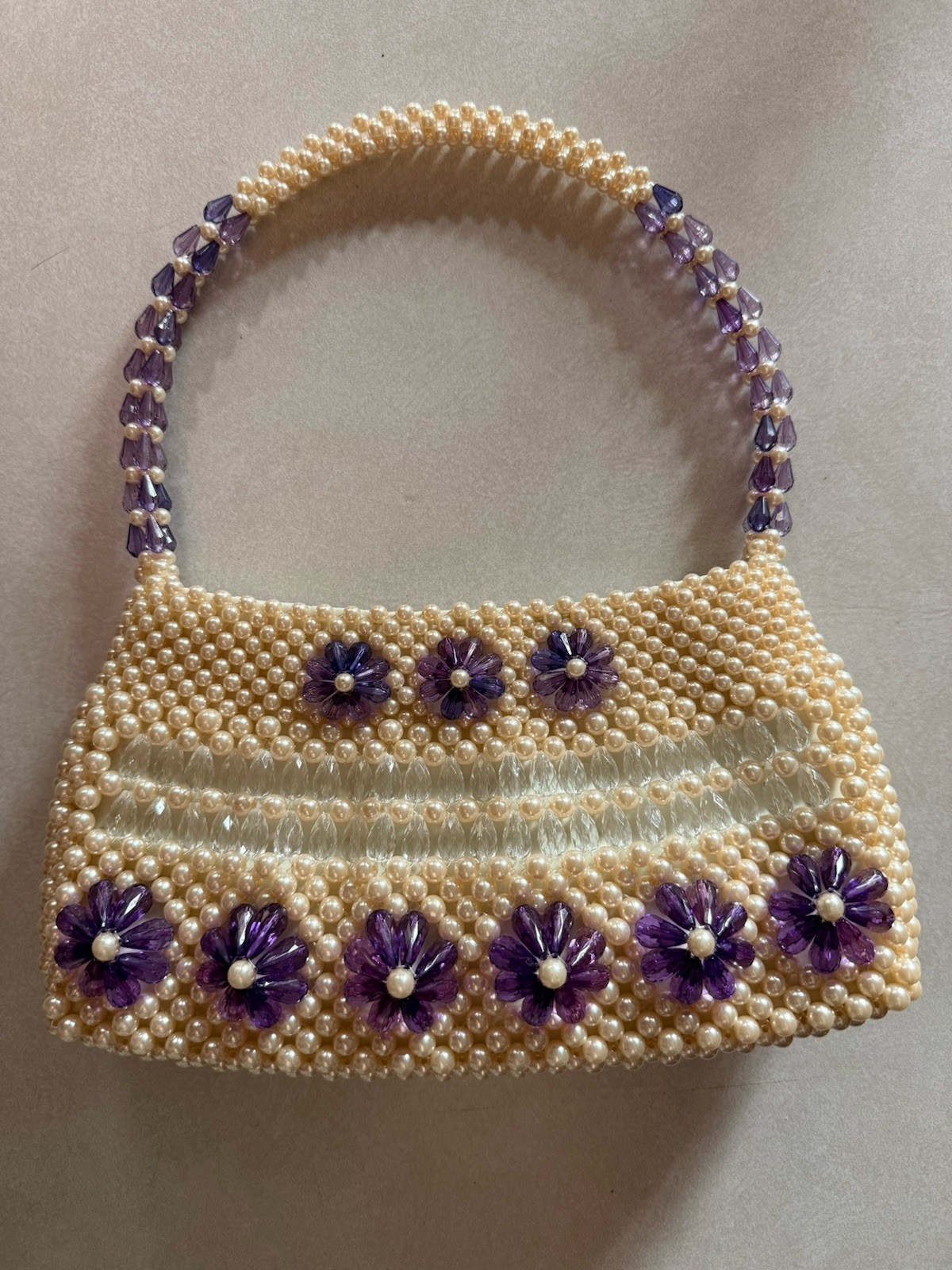 Beaded Ivory & Purple Bead Floral Handbag – made in Vietnam