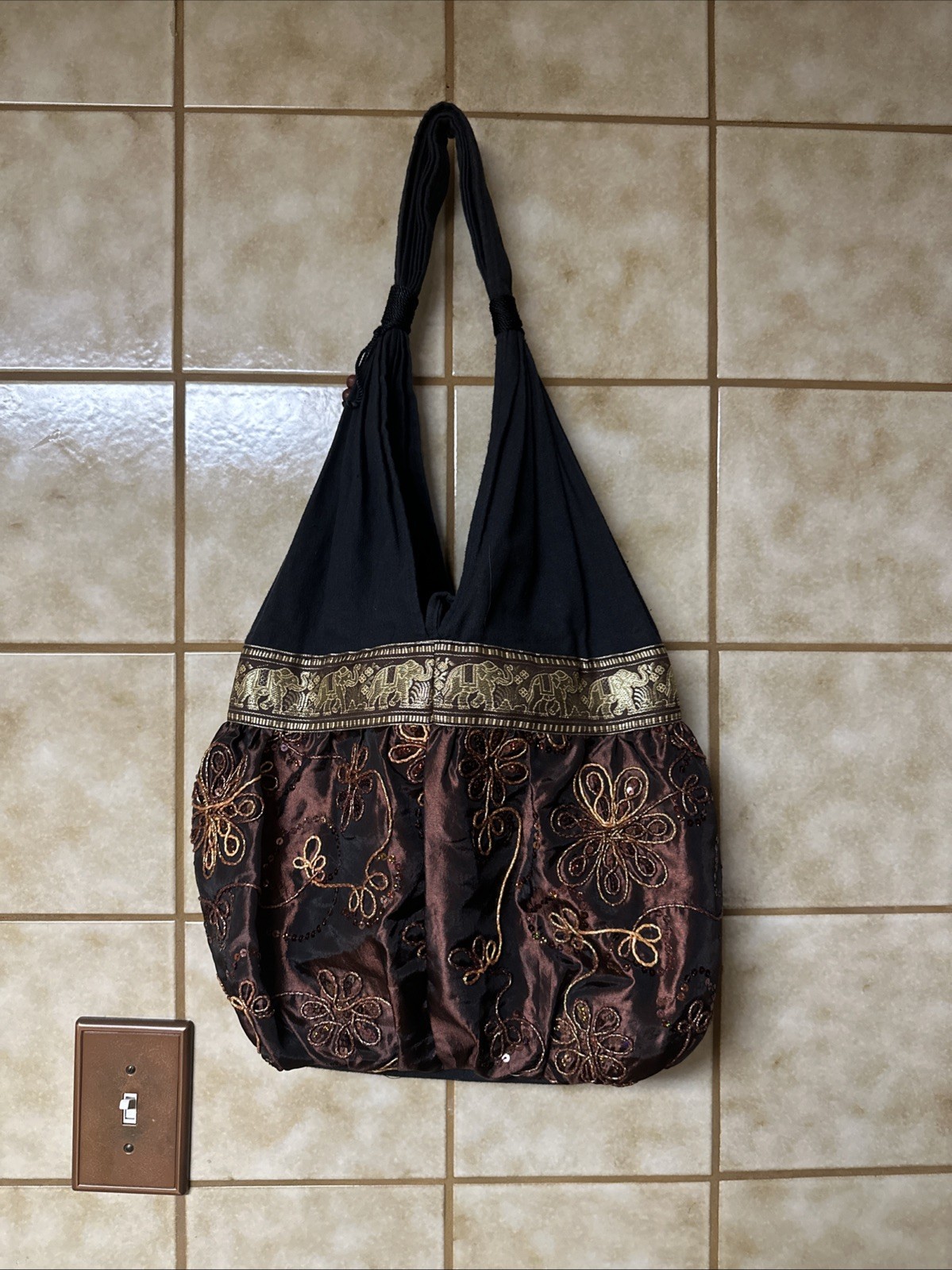 Bohemian Elephant Print Floral Sequined Boho Handbag Tote Purse, Multicolor