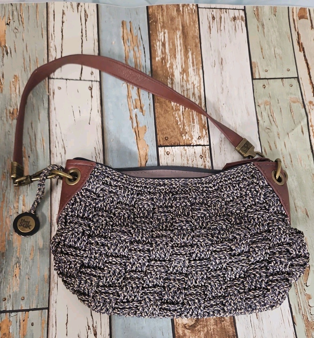 The Sak Indio Crochet Demi Purse Shoulder Bag Blue Metallic Multi Boho