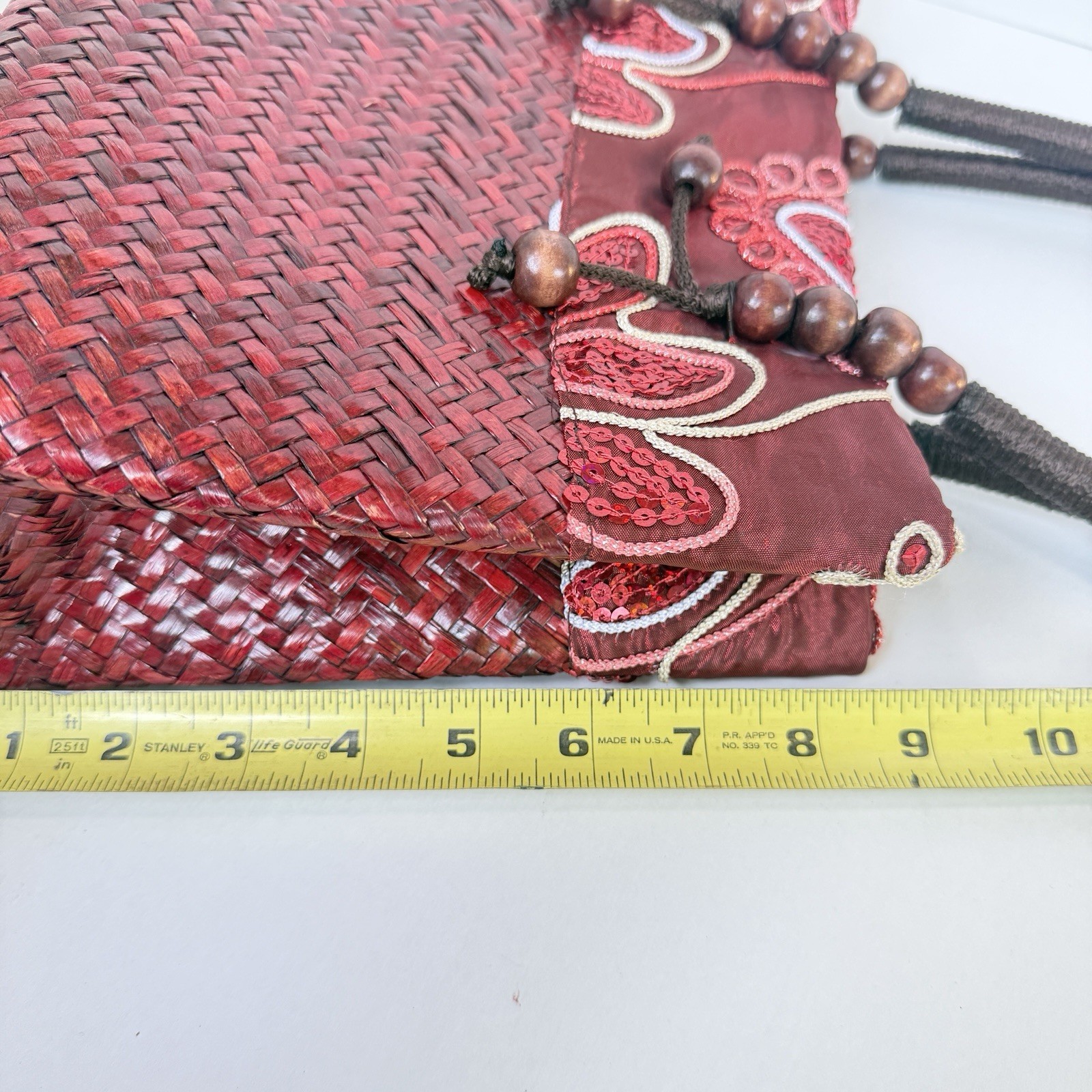 Woven Wicker Straw Red Boho Purse Shoulder Bag Handbag Sequins Beads Embroidered