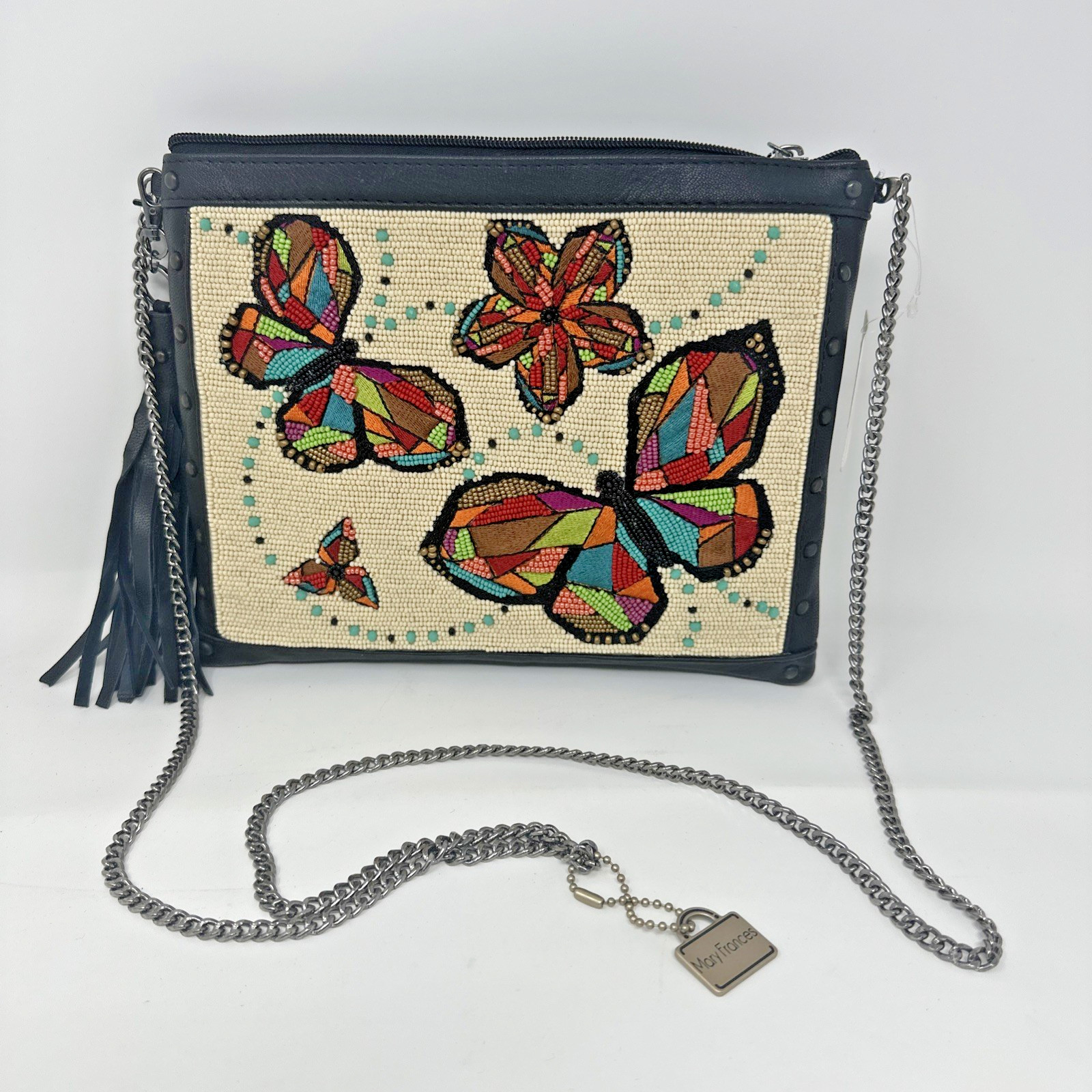 Mary Frances Leather Beaded Tassel Convertible Crossbody Butterfly