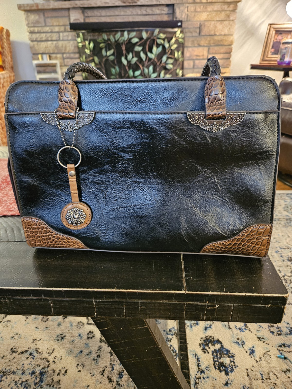 Black With Brown Trim And Silver Accents Satchel Style Handbag