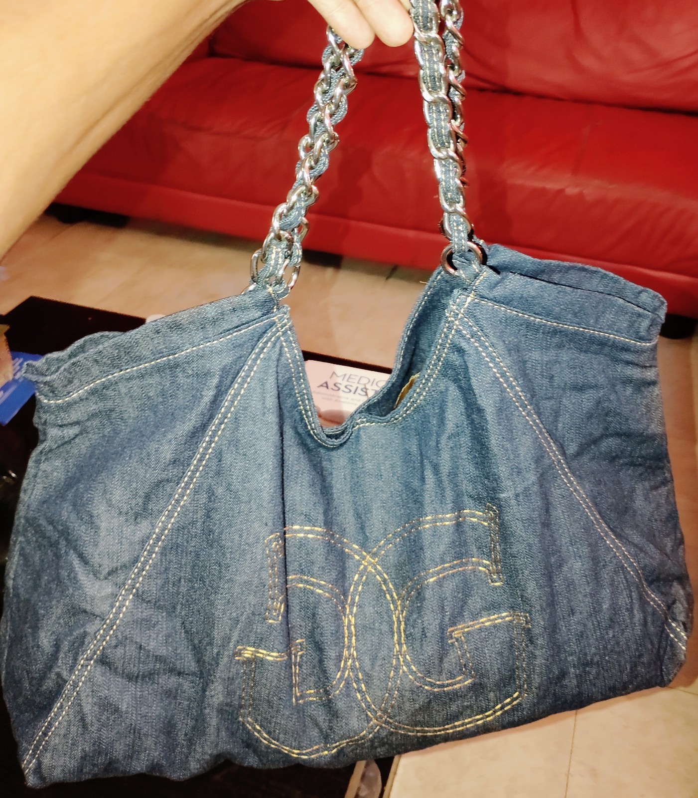 Women’s Blue Logo Pattern Shoulder Bag, Zip, Lined, Inner Pockets, Silver Chain
