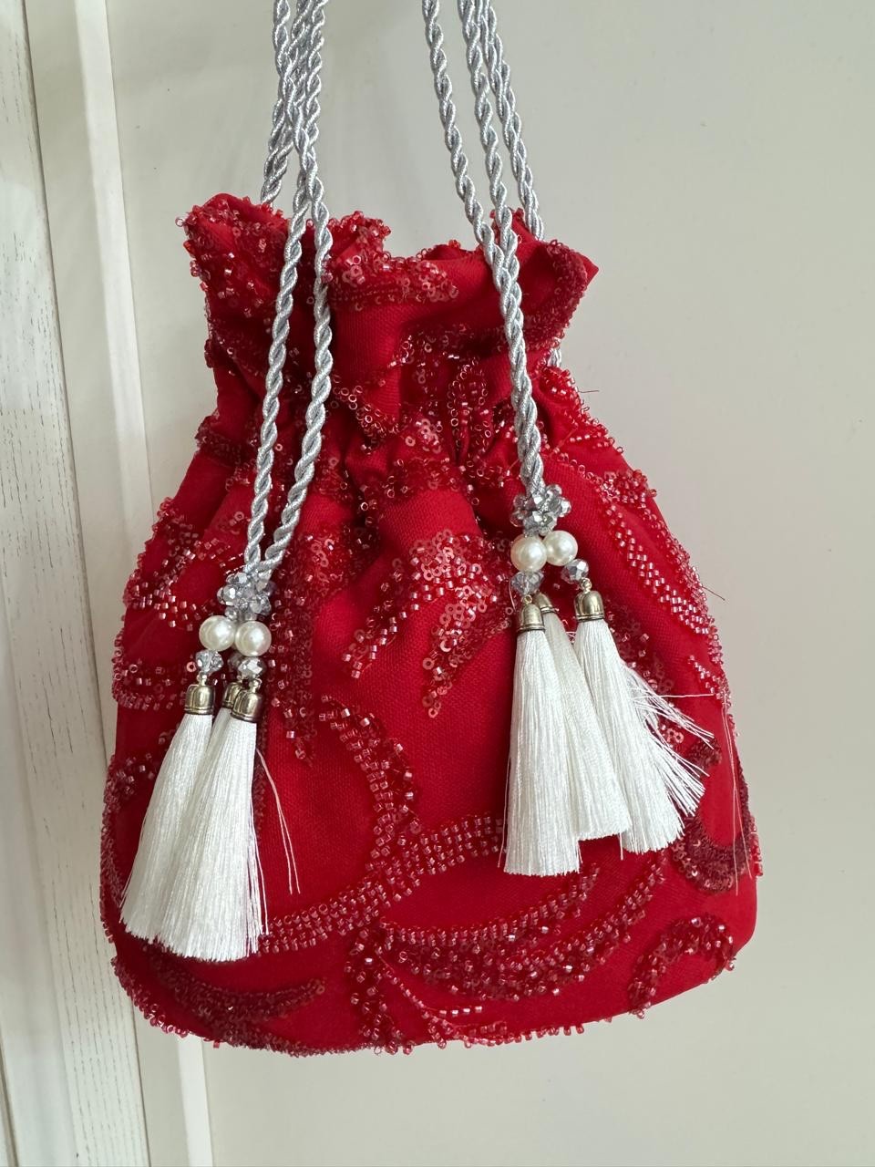 Handmade Red Beaded Drawstring Evening Bag for Women | Elegant Bucket Purse with