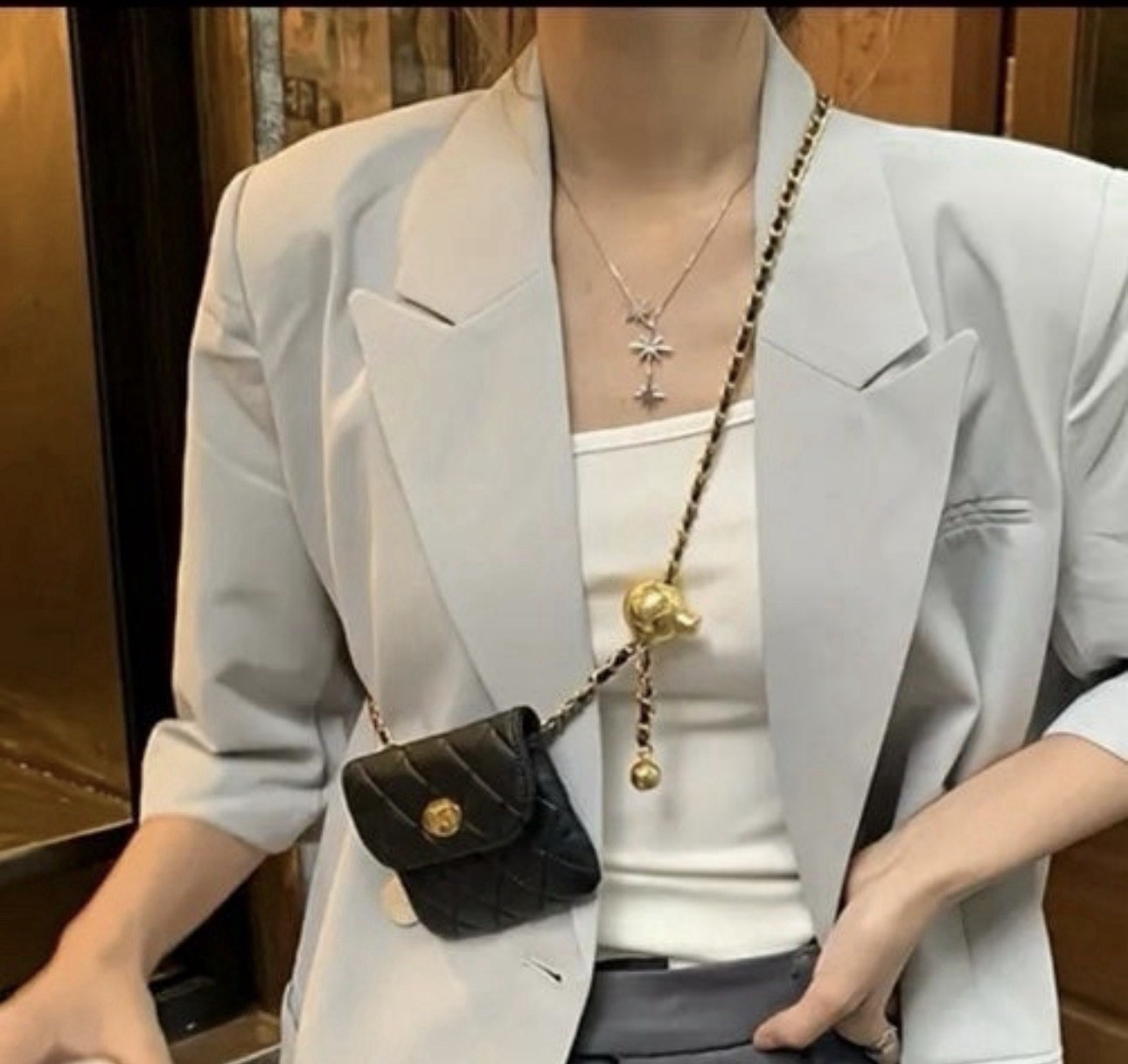 Black Quilted Mini Crossbody Bag Gold Chain Strap Flap Turn Lock Closure