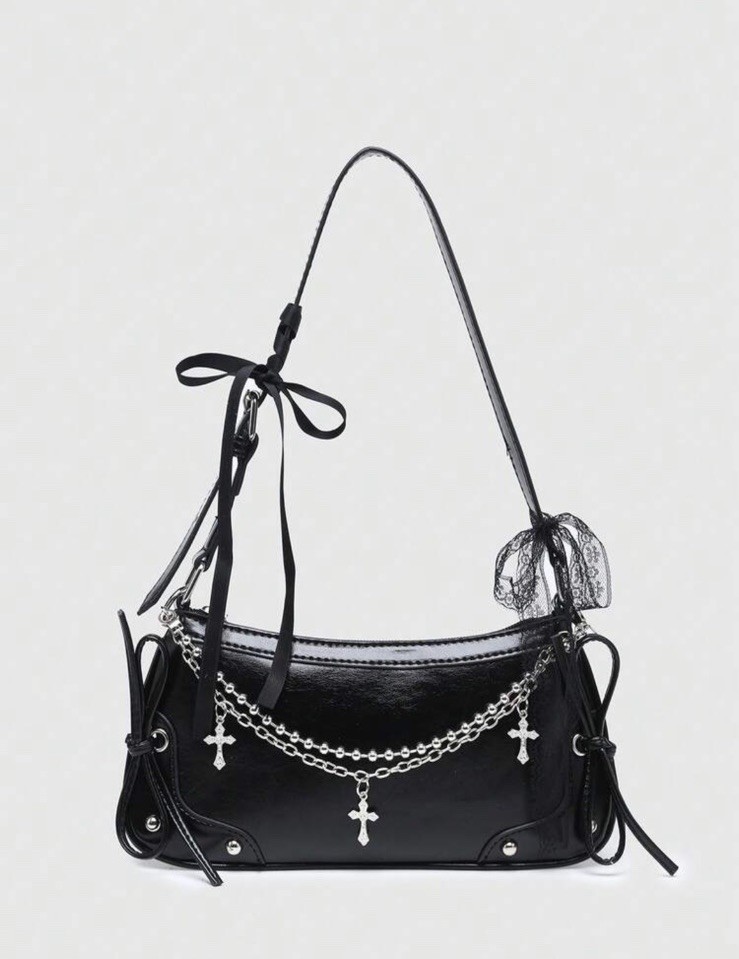 Black Heart Shoulder Bag Purse Bow Charm Gold/Silver Chain Strap Zip Lined