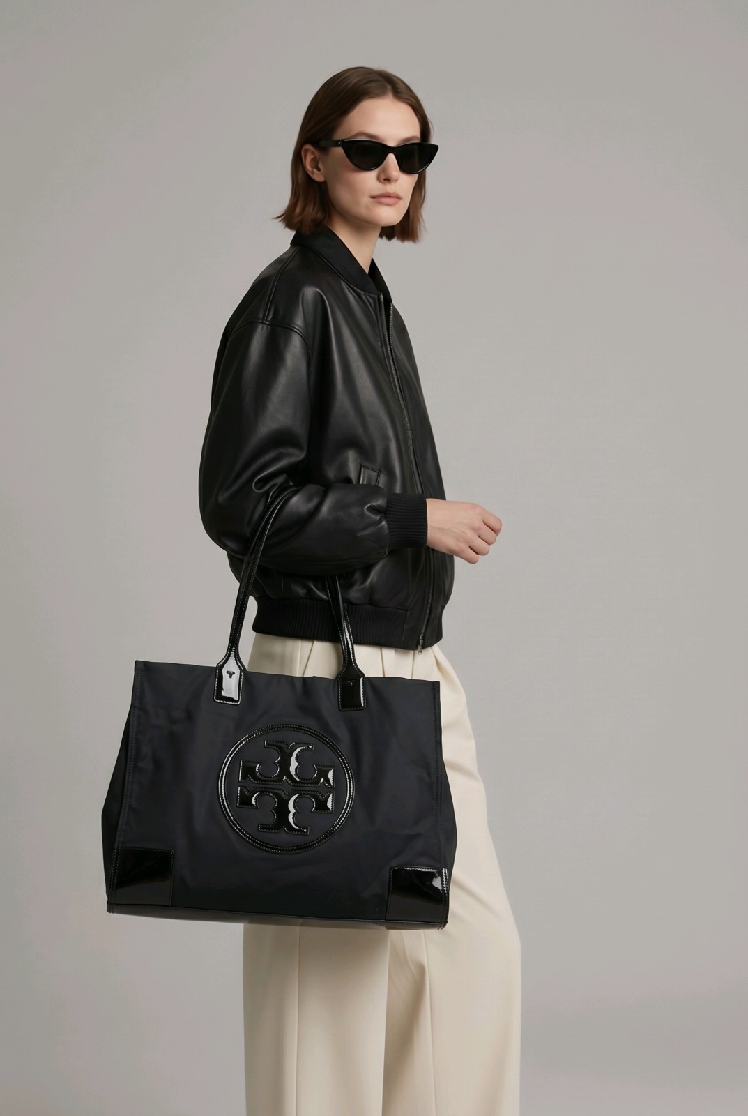 Tory Burch X2108 Black Patent Leather Nylon Large Tote Size 17x13x5 in