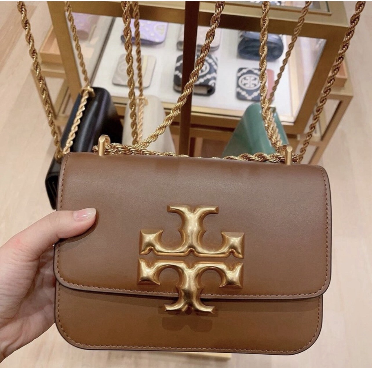 Tory Burch Brown Small Shoulder Bag Logo, Gold Chain Strap, Magnetic, Dust Bag