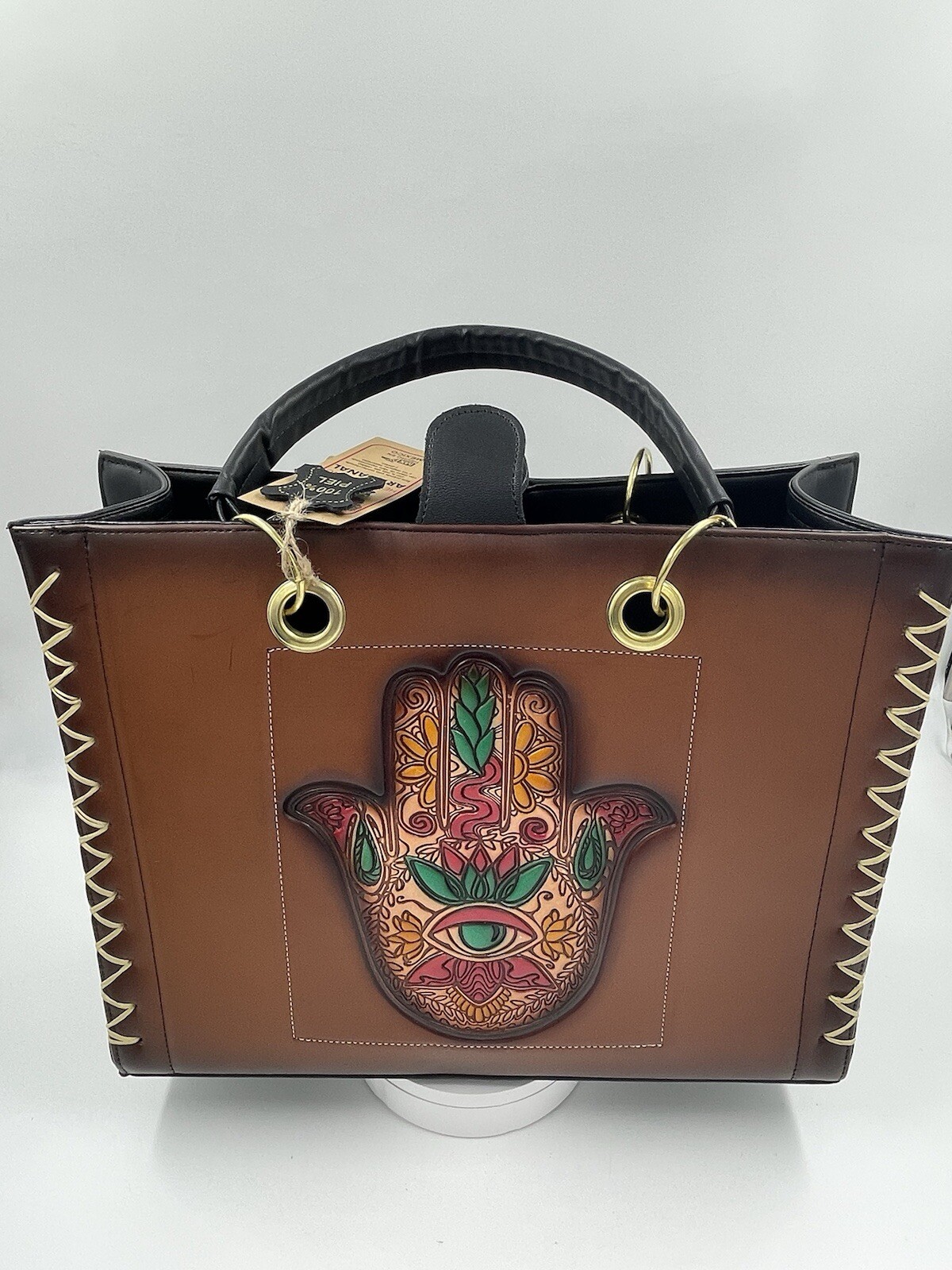 Tote Purse Handbag Cross Body Genuine Leather HAMSA HAND Hand Made Artisanal 2pc