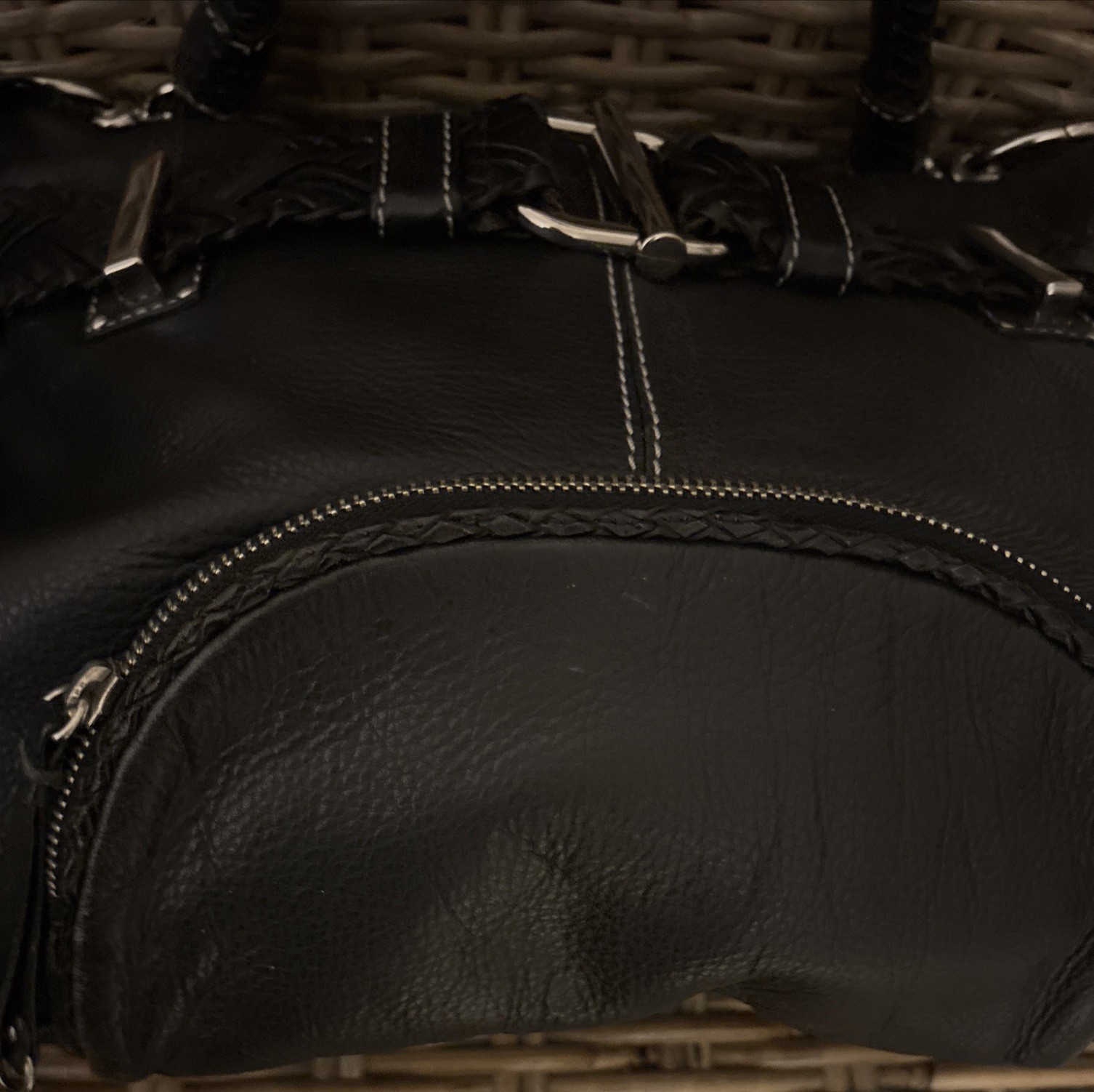 VIA SPIGA BLACK Leather Braided Quality Silver Decorative Shoulder Bag
